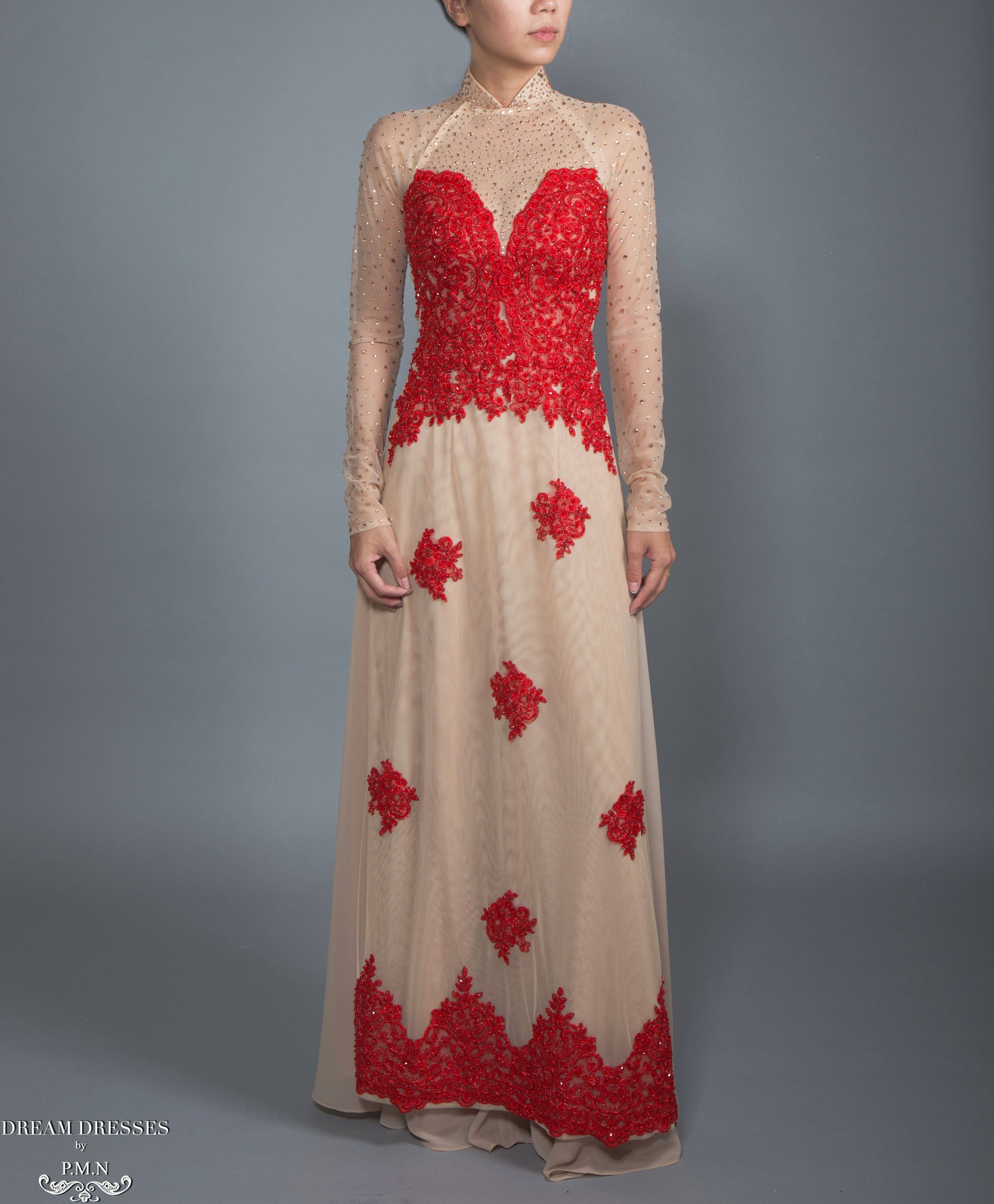 Red and Beige Ao Dai | Vietnamese Lace Bridal Dress (#CALIANA) - Dream Dresses by P.M.N.