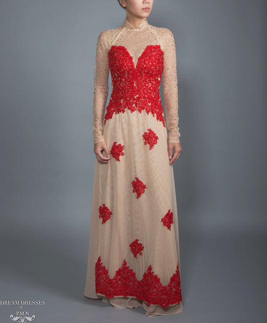 Red and Beige Ao Dai | Vietnamese Lace Bridal Dress (#CALIANA) - Dream Dresses by P.M.N.