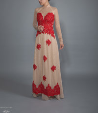 Red and Beige Ao Dai | Vietnamese Lace Bridal Dress (#CALIANA) - Dream Dresses by P.M.N.