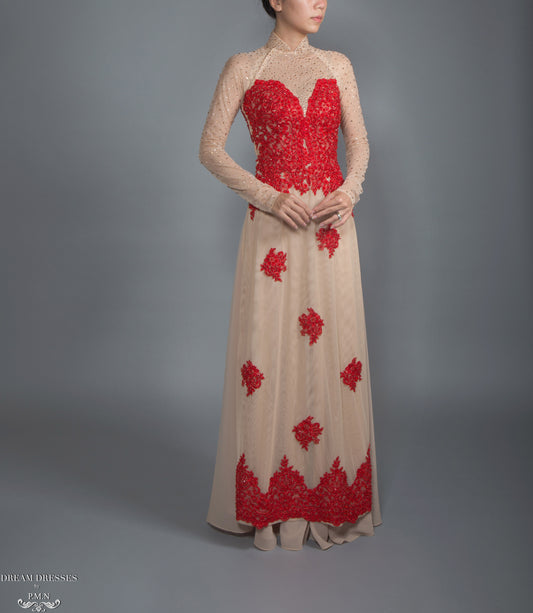 Red and Beige Ao Dai | Vietnamese Lace Bridal Dress (#CALIANA) - Dream Dresses by P.M.N.