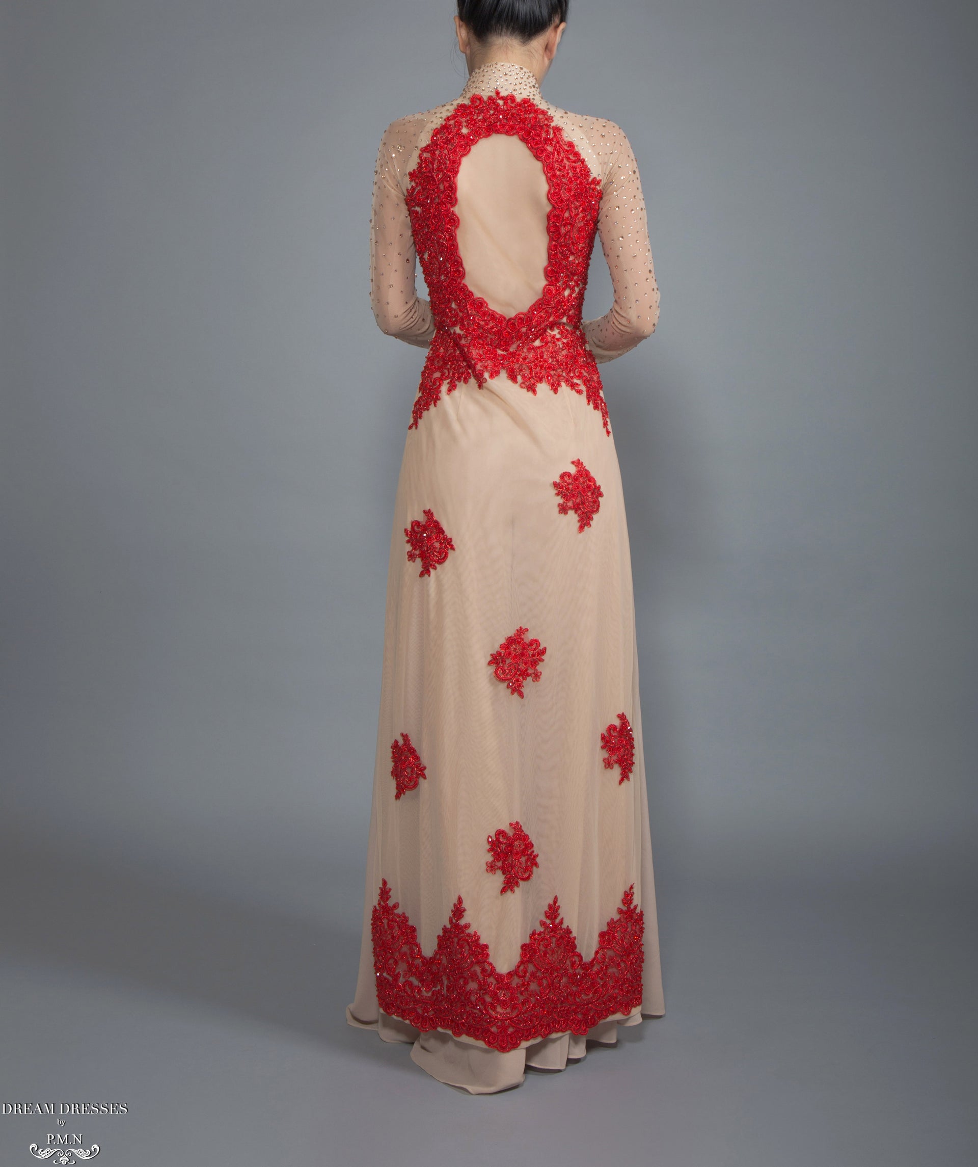 Red and Beige Ao Dai | Vietnamese Lace Bridal Dress (#CALIANA) - Dream Dresses by P.M.N.