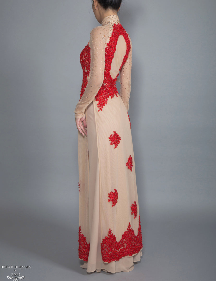 Red and Beige Ao Dai | Vietnamese Lace Bridal Dress (#CALIANA) - Dream Dresses by P.M.N.
