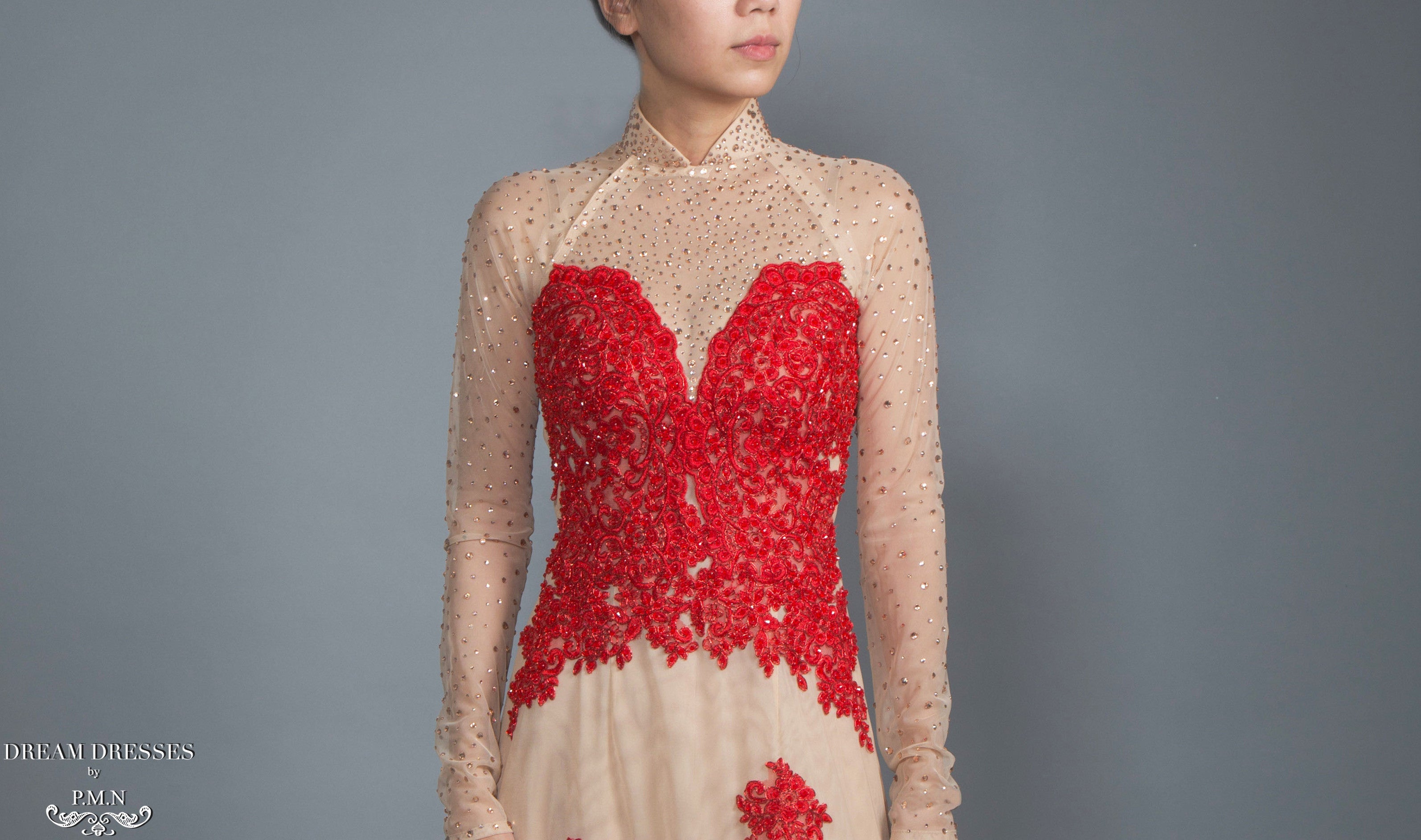 Red and Beige Ao Dai | Vietnamese Lace Bridal Dress (#CALIANA)