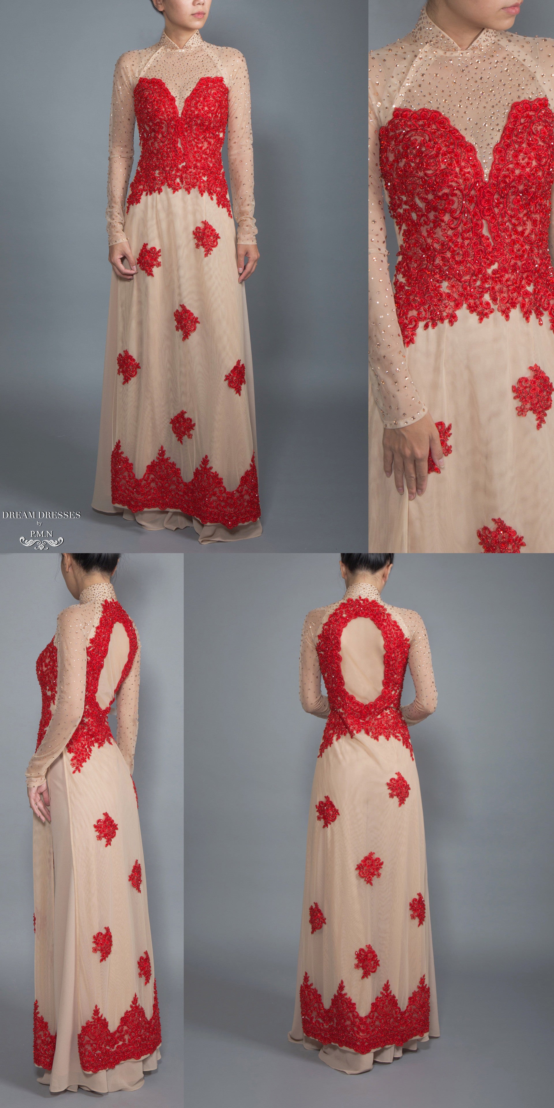 Red and Beige Ao Dai | Vietnamese Lace Bridal Dress (#CALIANA)