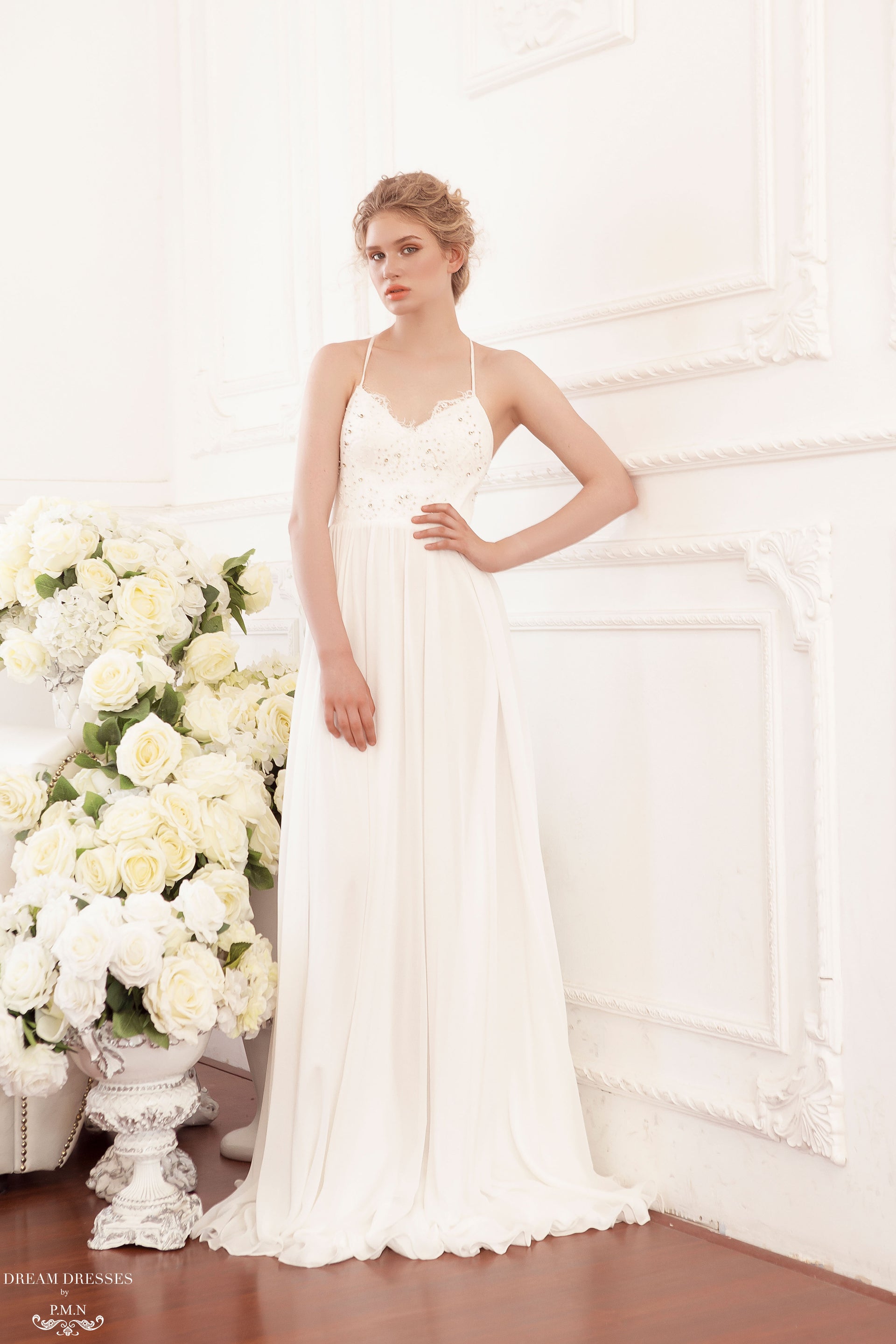 DreamDress By PMN A-Line Bohemian Chantilly French Lace Wedding Dress Gown Halter Low Back Floral Embellishments Fully Lined Sweep