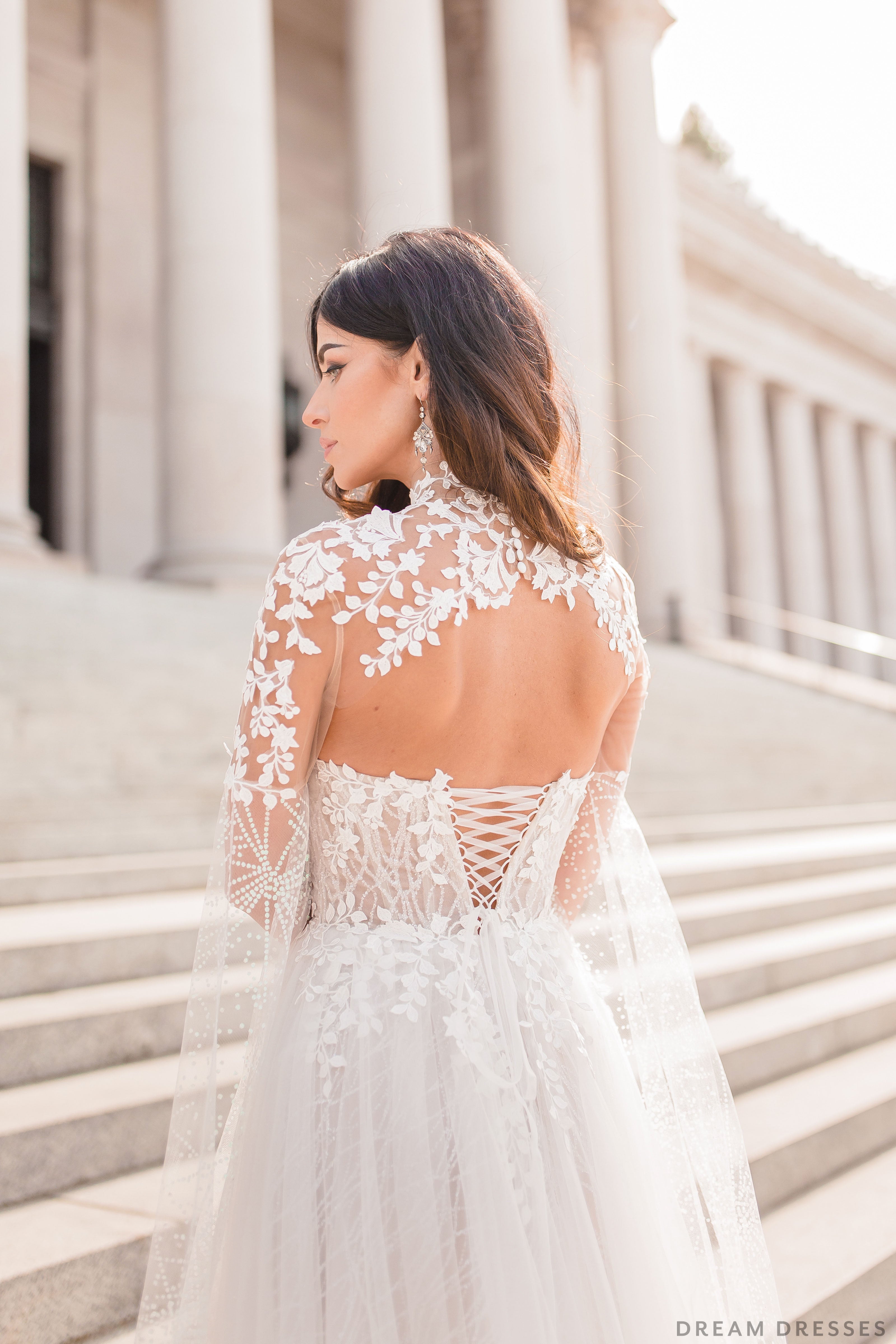DreamDress By PMN Carina Wedding Cape High Neck With Lace Applique Keyhole Back Light Long Sleeve | Size: Medium | Chapel Length DreamDress By PMN Carina Wedding Cape High Neck With Lace Applique Keyhole Back Light Long Sleeve | Size: Medium | Chapel Length