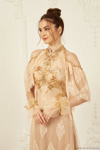 Gold Bridal Ao Dai | Vietnamese Lace Bridal Dress (#CINZIA) - Dream Dresses by P.M.N.