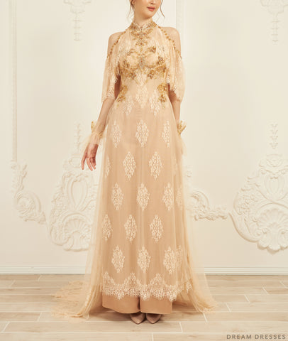 Gold Bridal Ao Dai | Vietnamese Lace Bridal Dress (#CINZIA)