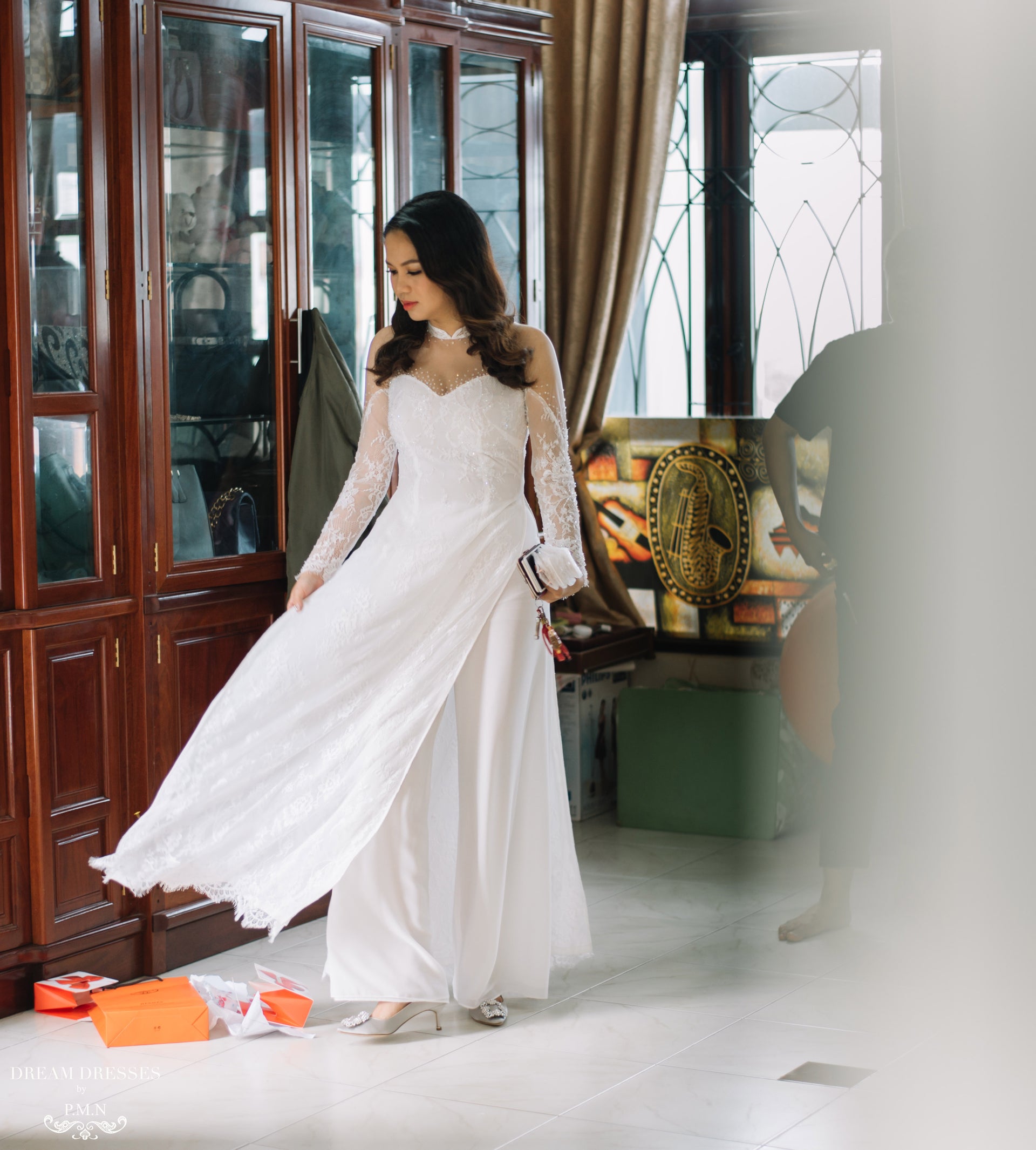 White Bridal Ao Dai | Vietnamese Lace Bridal Dress (#ISABELLE) - Dream Dresses by P.M.N.