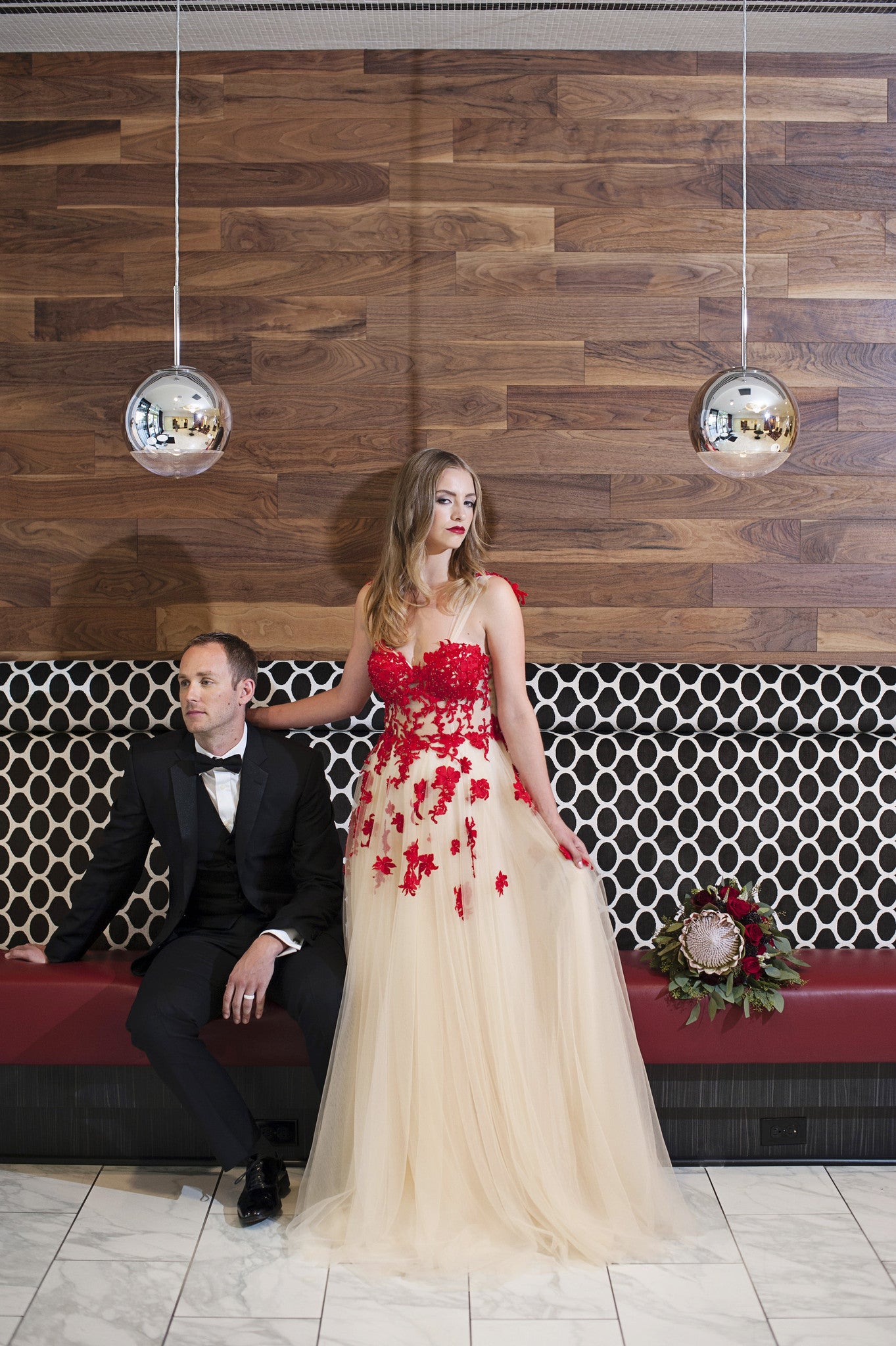 DreamDress By PMN A-Line Red And Champagne Tulle Wedding Dress Gown Front Red Floral Embellishment Sleeveless