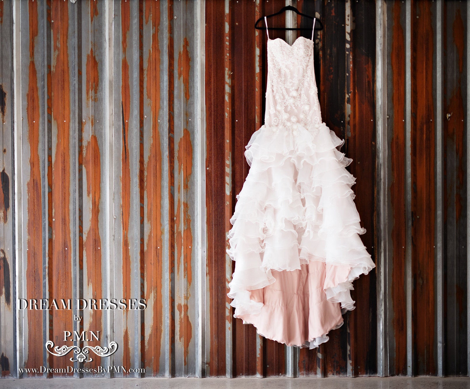 DreamDress By PMN Trumpet Wedding Dress Gown Neckline Blush Pink Floral Pearls Embellishment Tiered Skirt Chapel Sleeveless