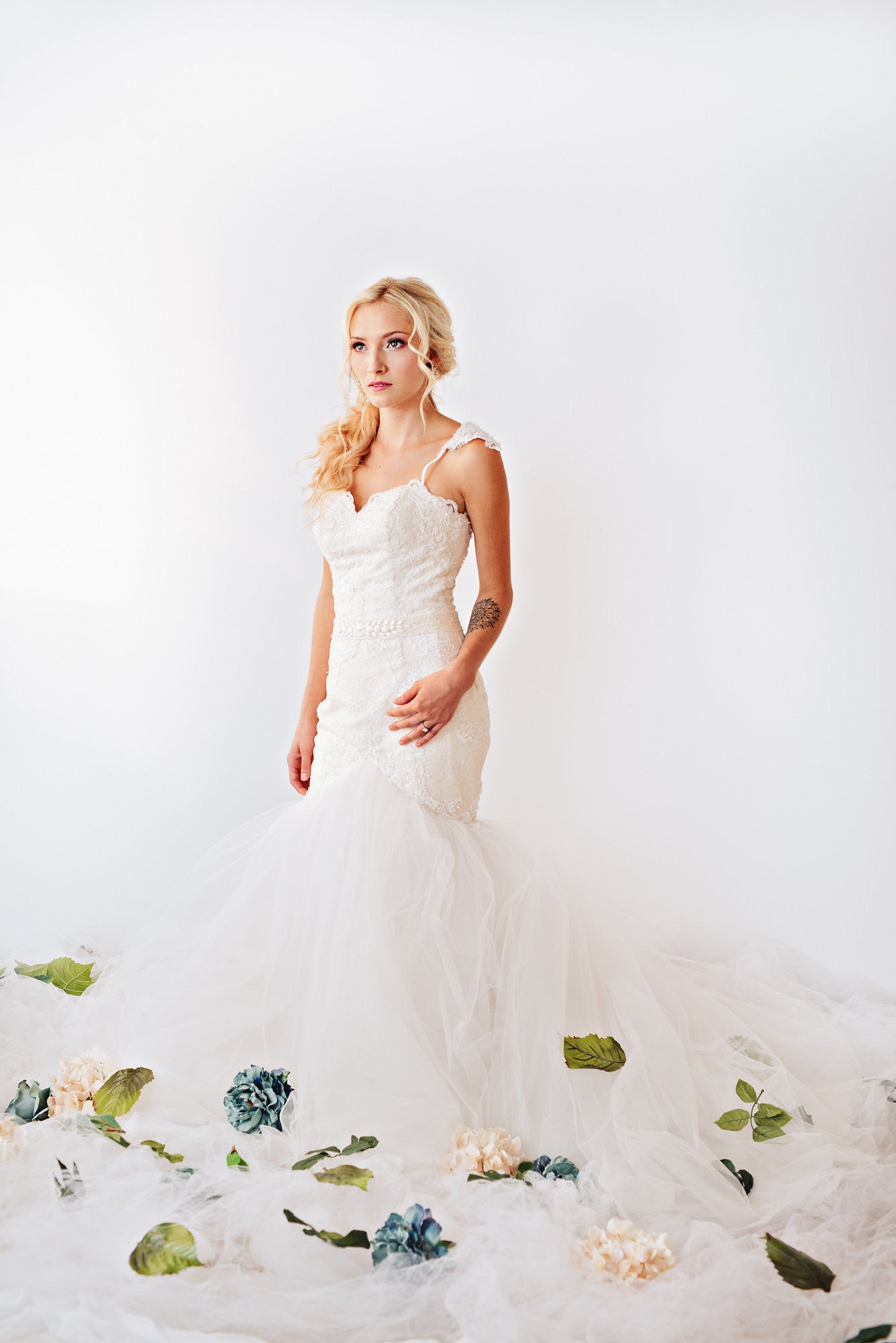 Blush Pink Ivory Lace Trumpet Wedding Gown with Beaded Straps (#PB067) - Dream Dresses by P.M.N
 - 4