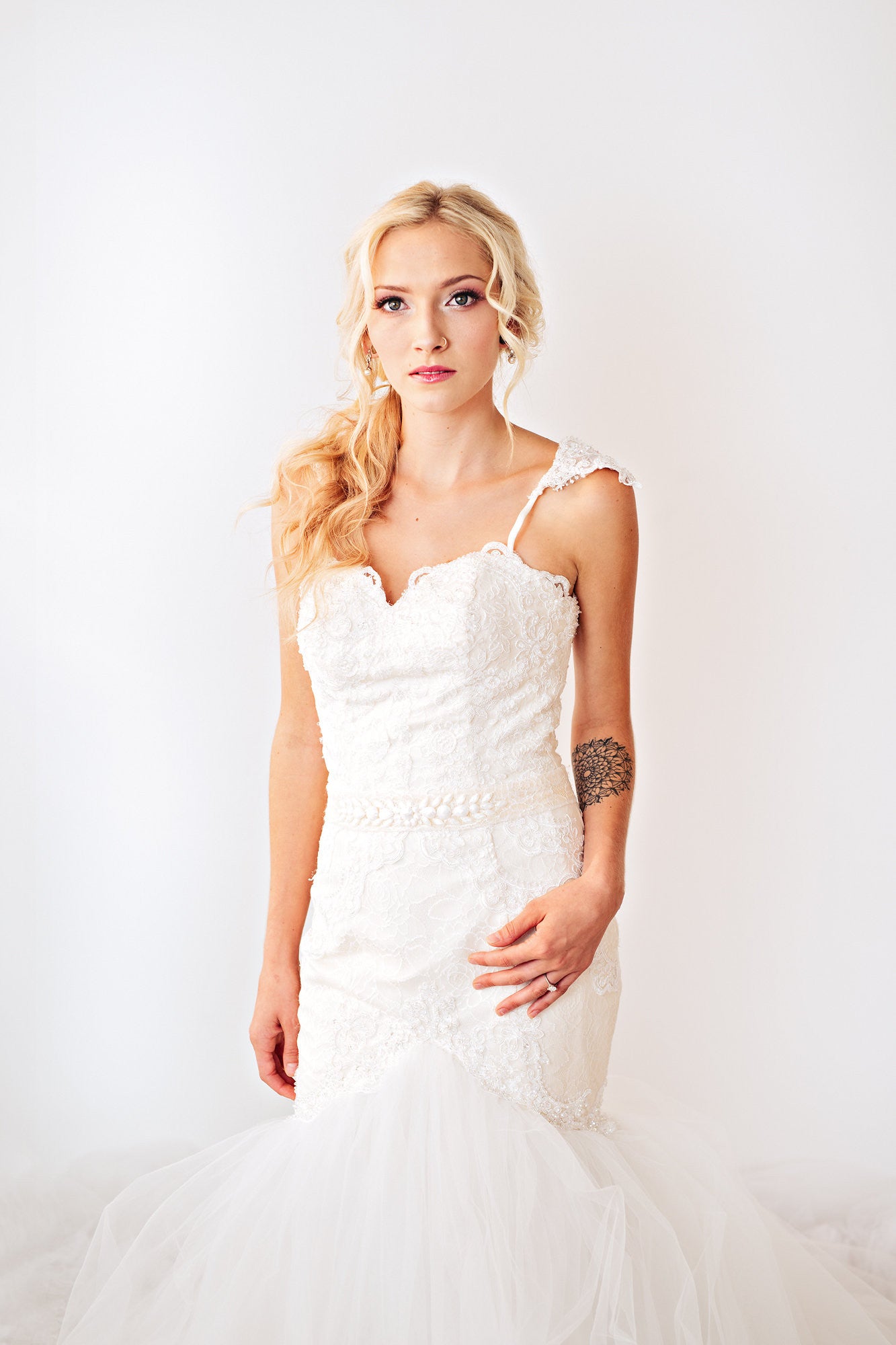 Blush Pink Ivory Lace Trumpet Wedding Gown with Beaded Straps (#PB067) - Dream Dresses by P.M.N
 - 5