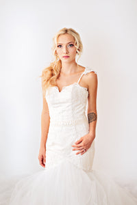 Blush Pink Ivory Lace Trumpet Wedding Gown with Beaded Straps (#PB067) - Dream Dresses by P.M.N
 - 5