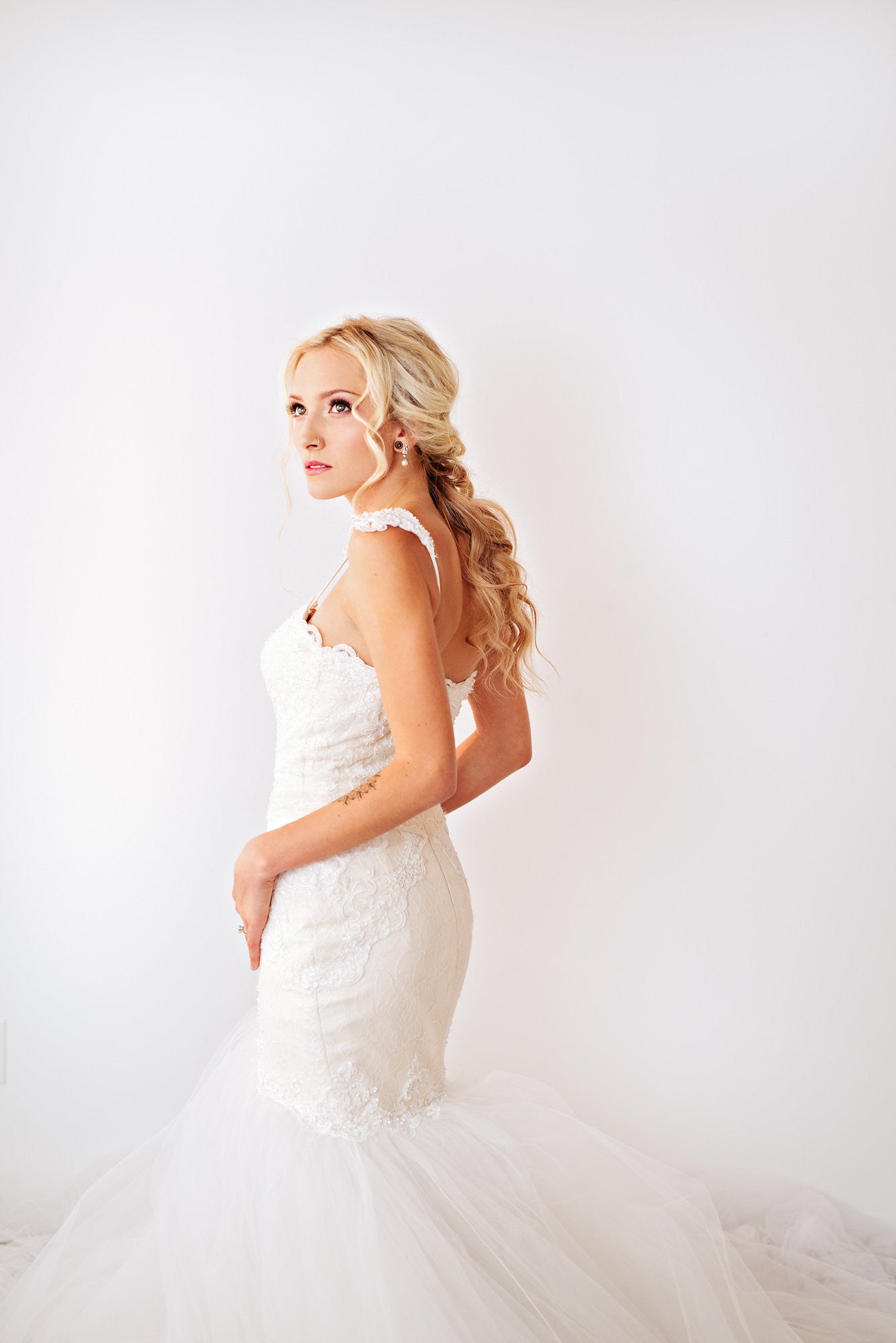 Blush Pink Ivory Lace Trumpet Wedding Gown with Beaded Straps (#PB067) - Dream Dresses by P.M.N
 - 6