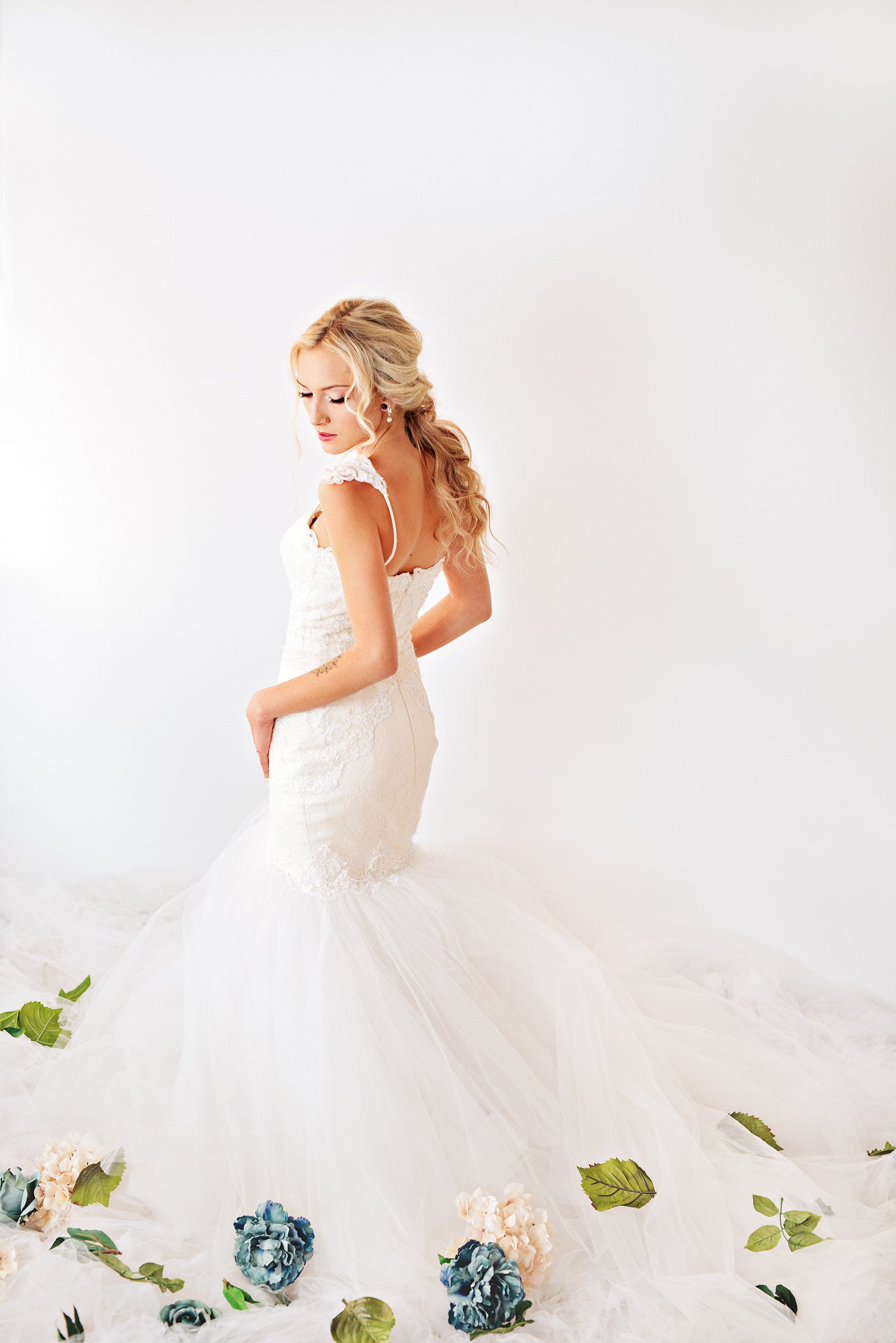Blush Pink Ivory Lace Trumpet Wedding Gown with Beaded Straps (#PB067) - Dream Dresses by P.M.N
 - 7