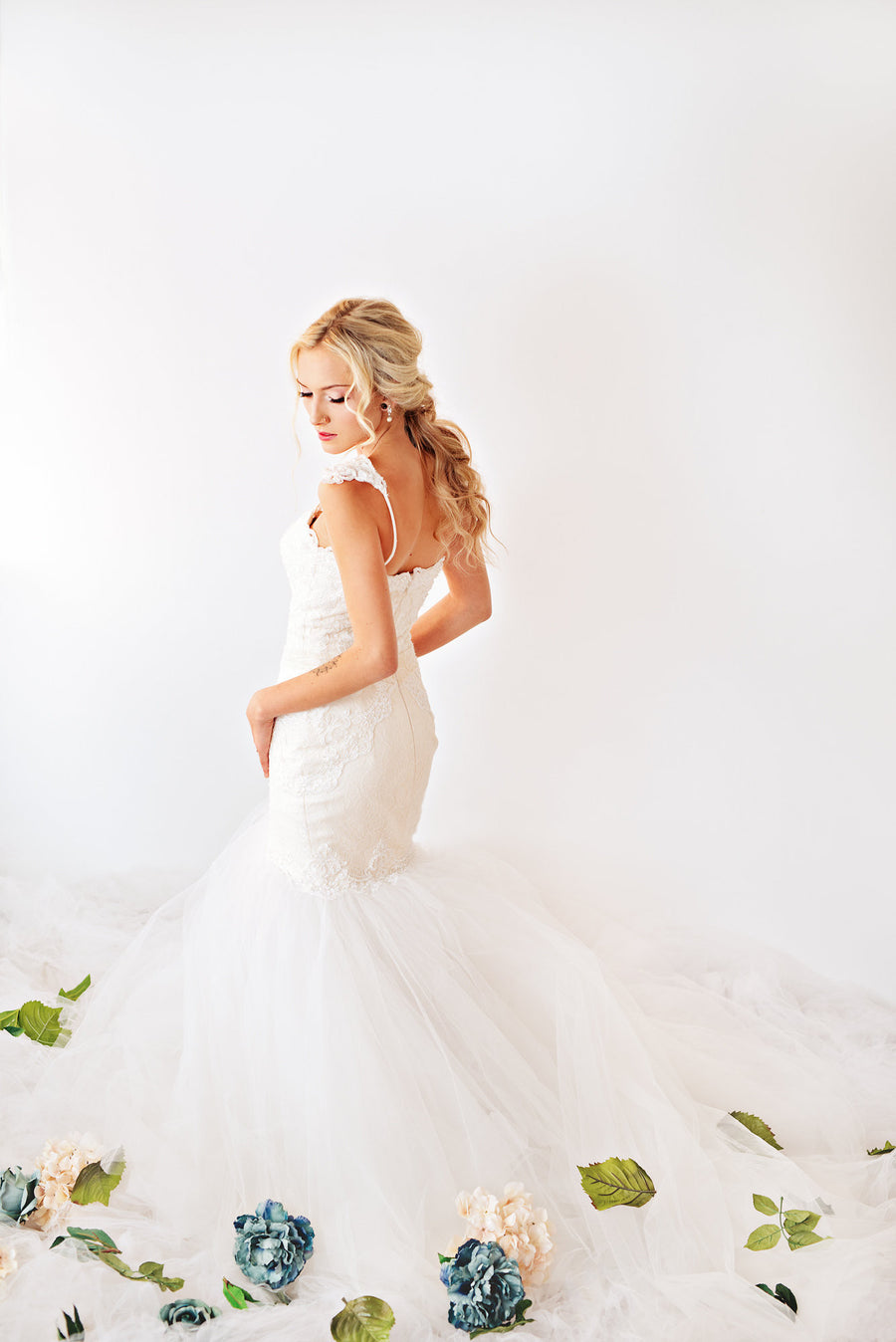 Blush Pink Ivory Lace Trumpet Wedding Gown with Beaded Straps (#PB067) - Dream Dresses by P.M.N
 - 7