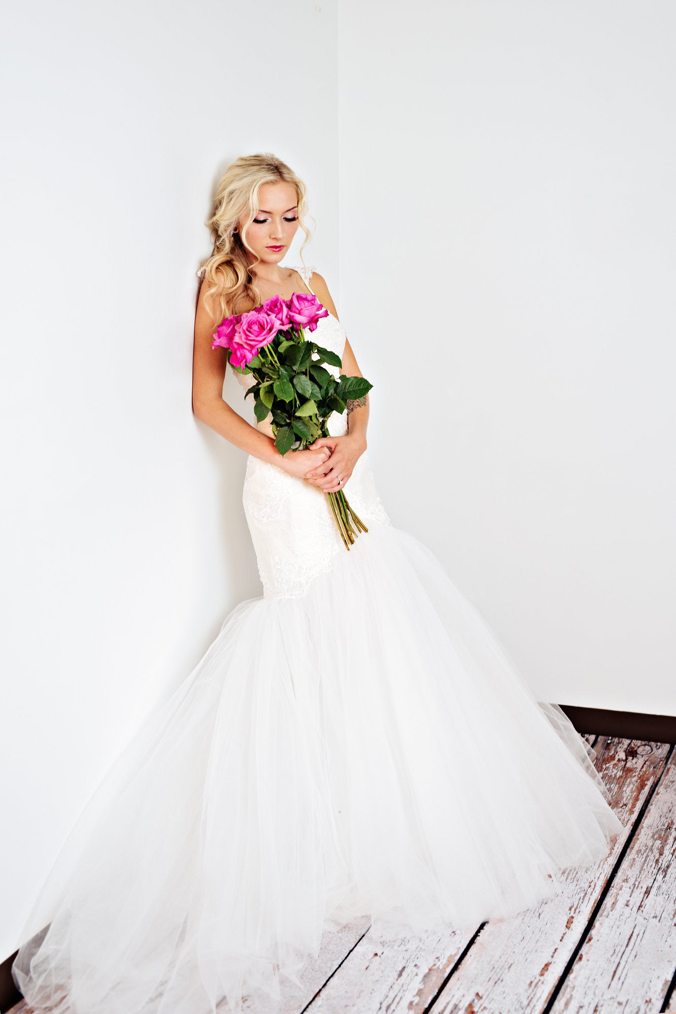 Blush Pink Ivory Lace Trumpet Wedding Gown with Beaded Straps (#PB067) - Dream Dresses by P.M.N
 - 9