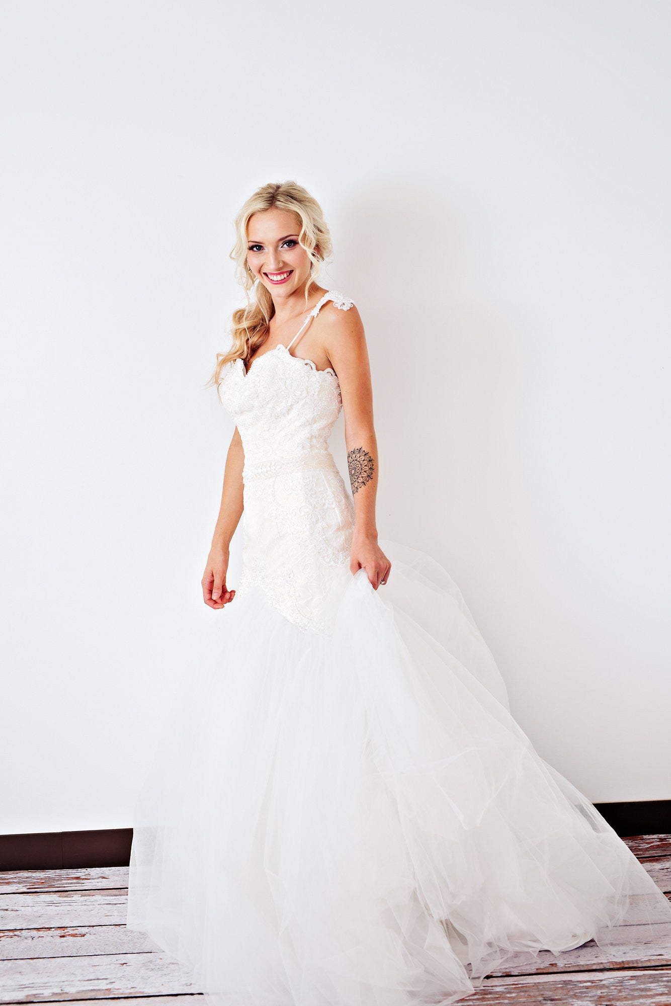 Blush Pink & Ivory Lace Trumpet Wedding Gown with Beaded Straps Blush Pink & Ivory Lace Trumpet Wedding Gown with Beaded Straps