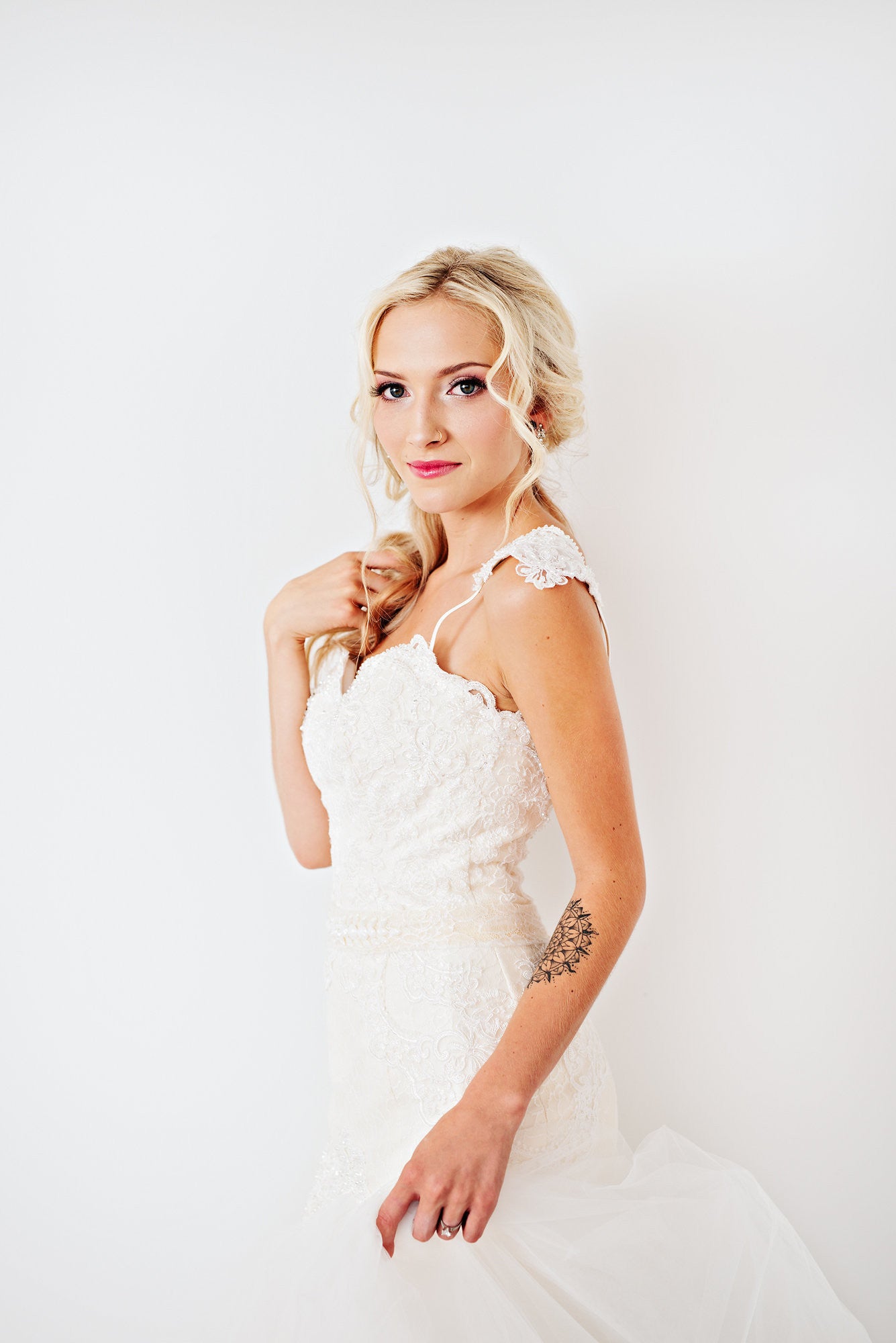 Blush Pink Ivory Lace Trumpet Wedding Gown with Beaded Straps (#PB067) - Dream Dresses by P.M.N
 - 10