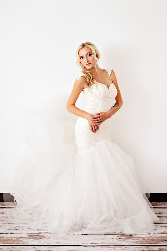 Blush Pink Ivory Lace Trumpet Wedding Gown with Beaded Straps (#PB067) - Dream Dresses by P.M.N
 - 1