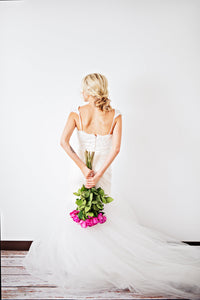 Blush Pink Ivory Lace Trumpet Wedding Gown with Beaded Straps (#PB067) - Dream Dresses by P.M.N
 - 12