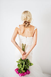 Blush Pink Ivory Lace Trumpet Wedding Gown with Beaded Straps (#PB067) - Dream Dresses by P.M.N
 - 13