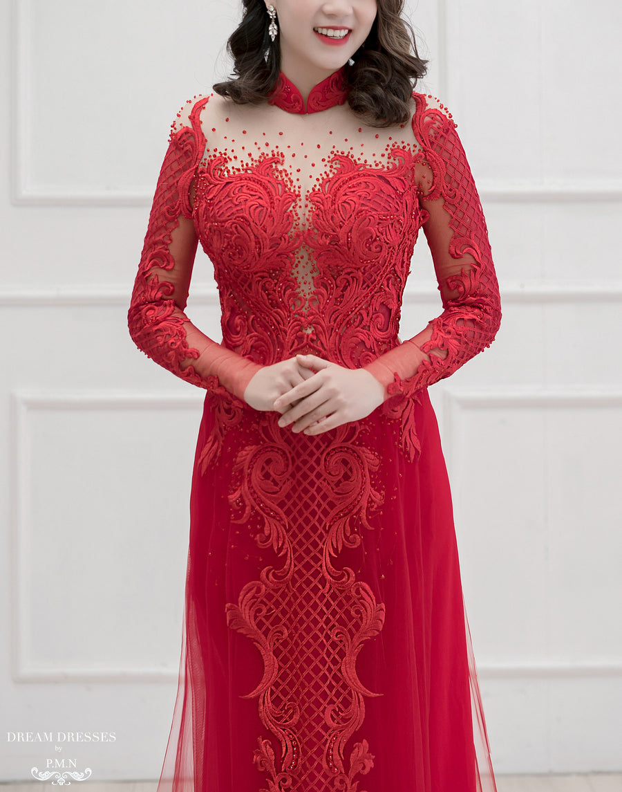 Red Bridal Ao Dai | Custom Made Vietnamese Bridal Dress (#TATIA) - Dream Dresses by P.M.N.