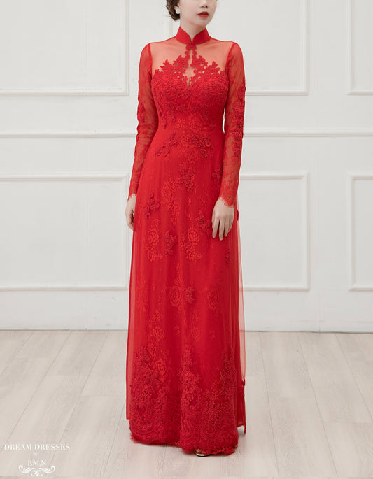 Red Bridal Ao Dai | Vietnamese Lace Bridal Dress (#LISE) - Dream Dresses by P.M.N.