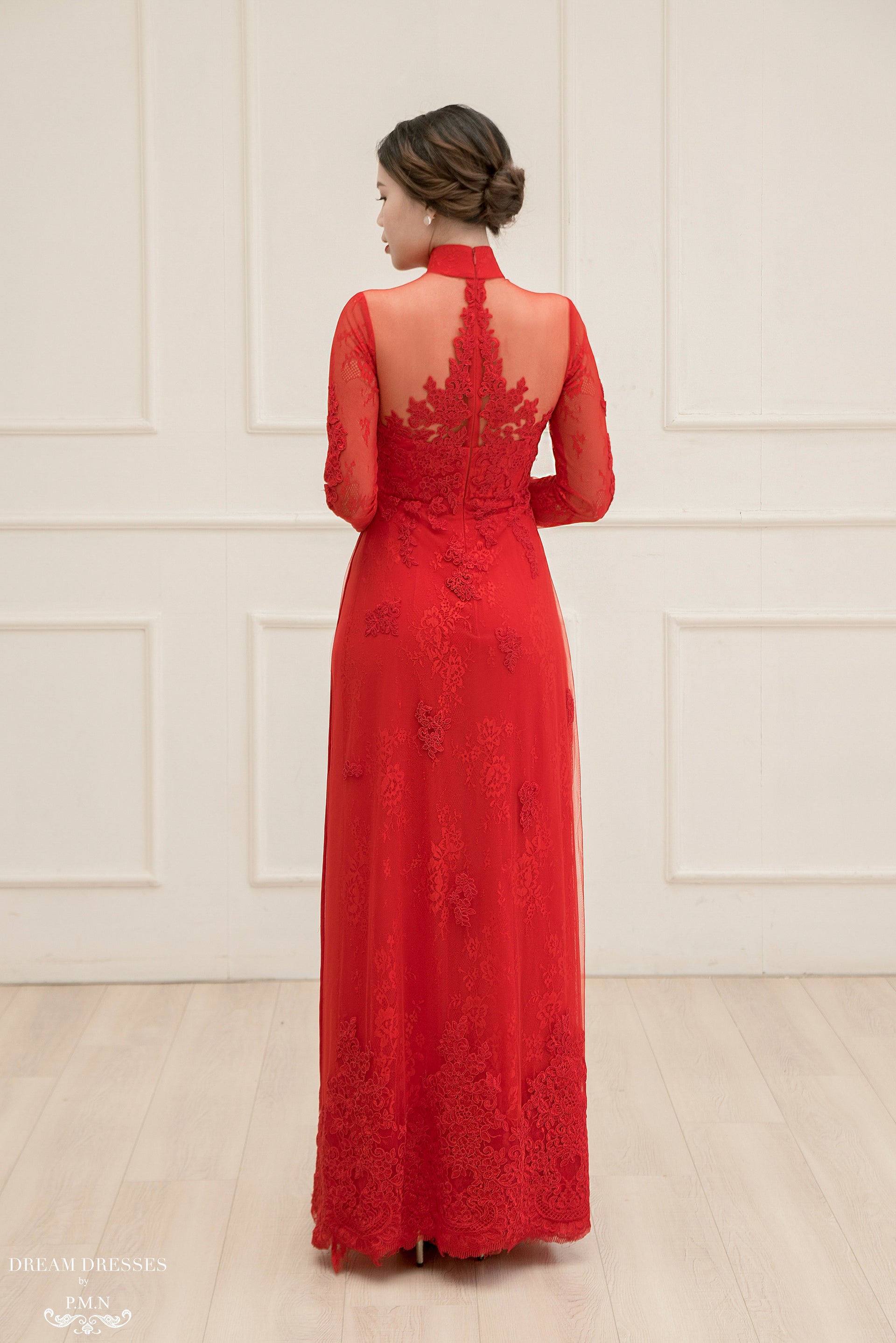 Red Bridal Ao Dai | Vietnamese Lace Bridal Dress (#LISE) - Dream Dresses by P.M.N.