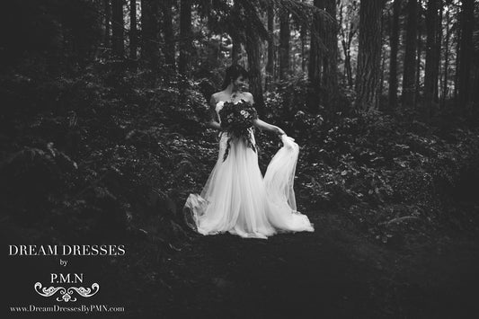 Beaded Lace Tulle Gown With Plunging Neckline (Style #PB192) - Dream Dresses by P.M.N
 - 1