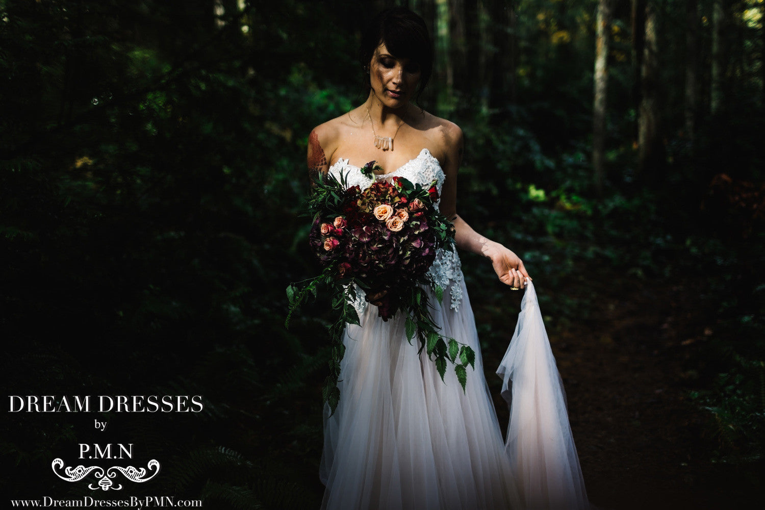 Beaded Lace Tulle Gown With Plunging Neckline (Style #PB192) - Dream Dresses by P.M.N
 - 3