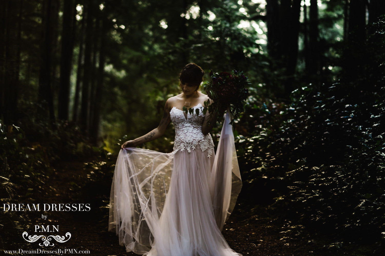 Beaded Lace Tulle Gown With Plunging Neckline (Style #PB192) - Dream Dresses by P.M.N
 - 6
