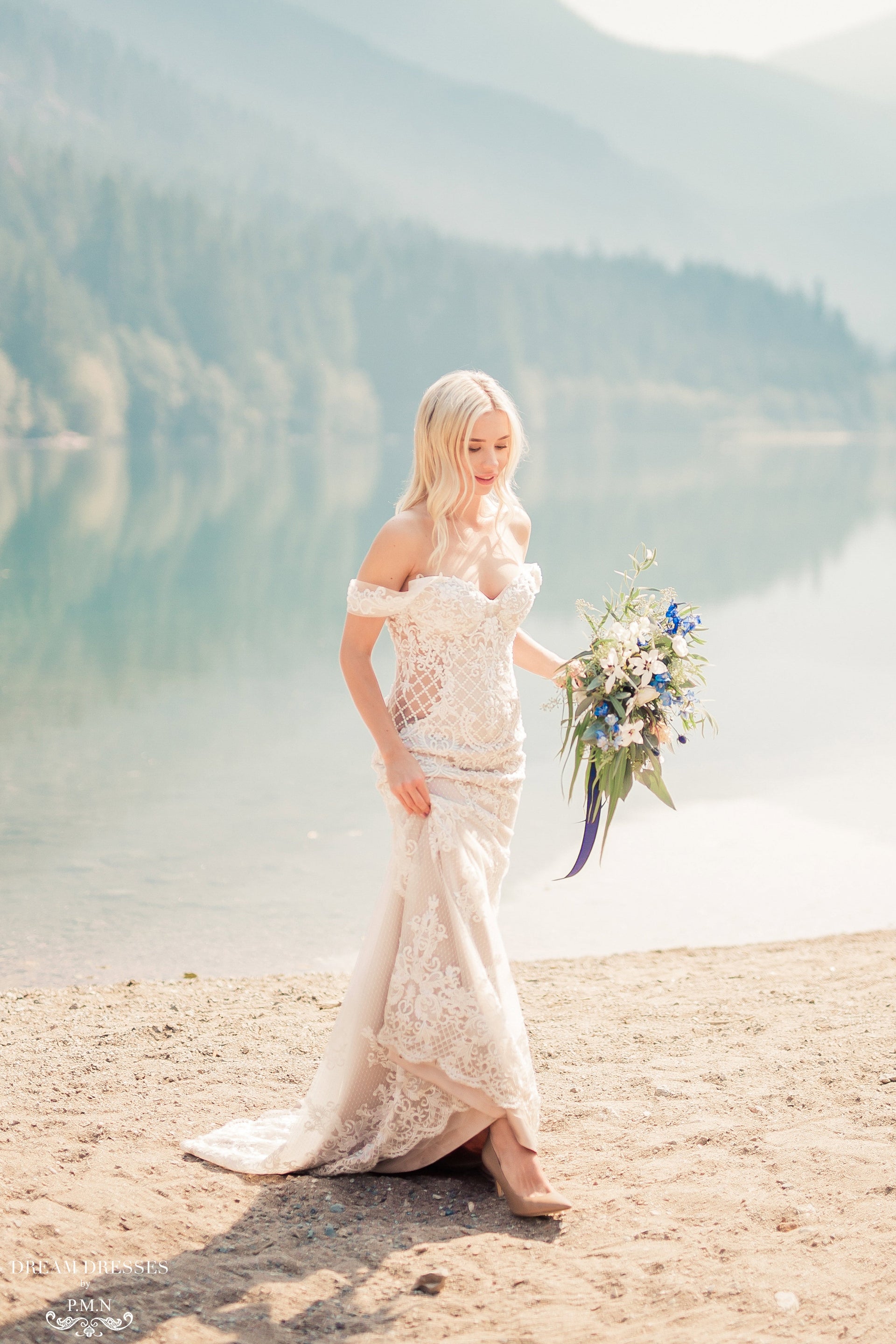 Blush Mermaid Wedding Dress with Removable Overskirt (#BELVA) - Dream Dresses by P.M.N.