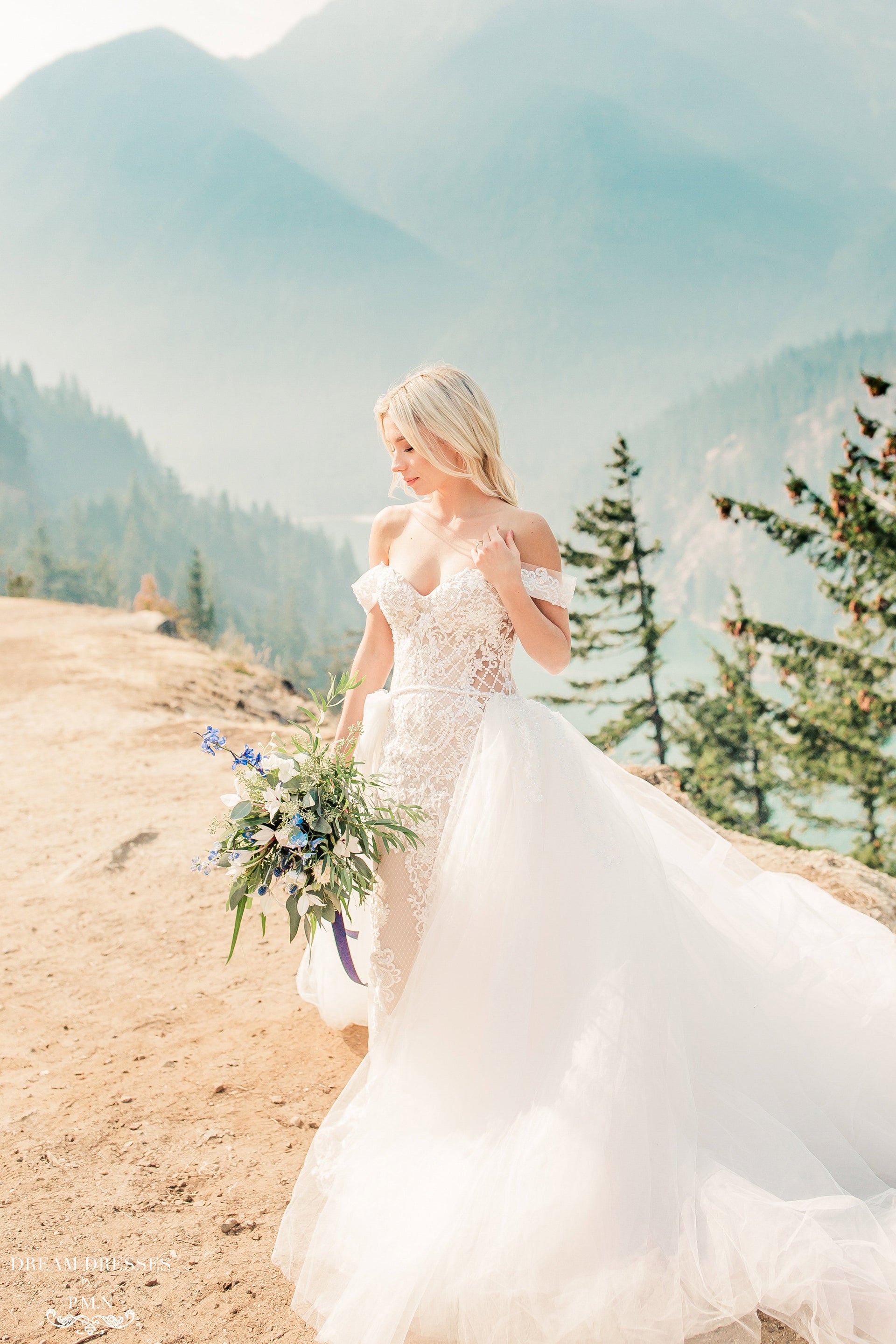 Blush Mermaid Wedding Dress with Removable Overskirt (#BELVA) - Dream Dresses by P.M.N.
