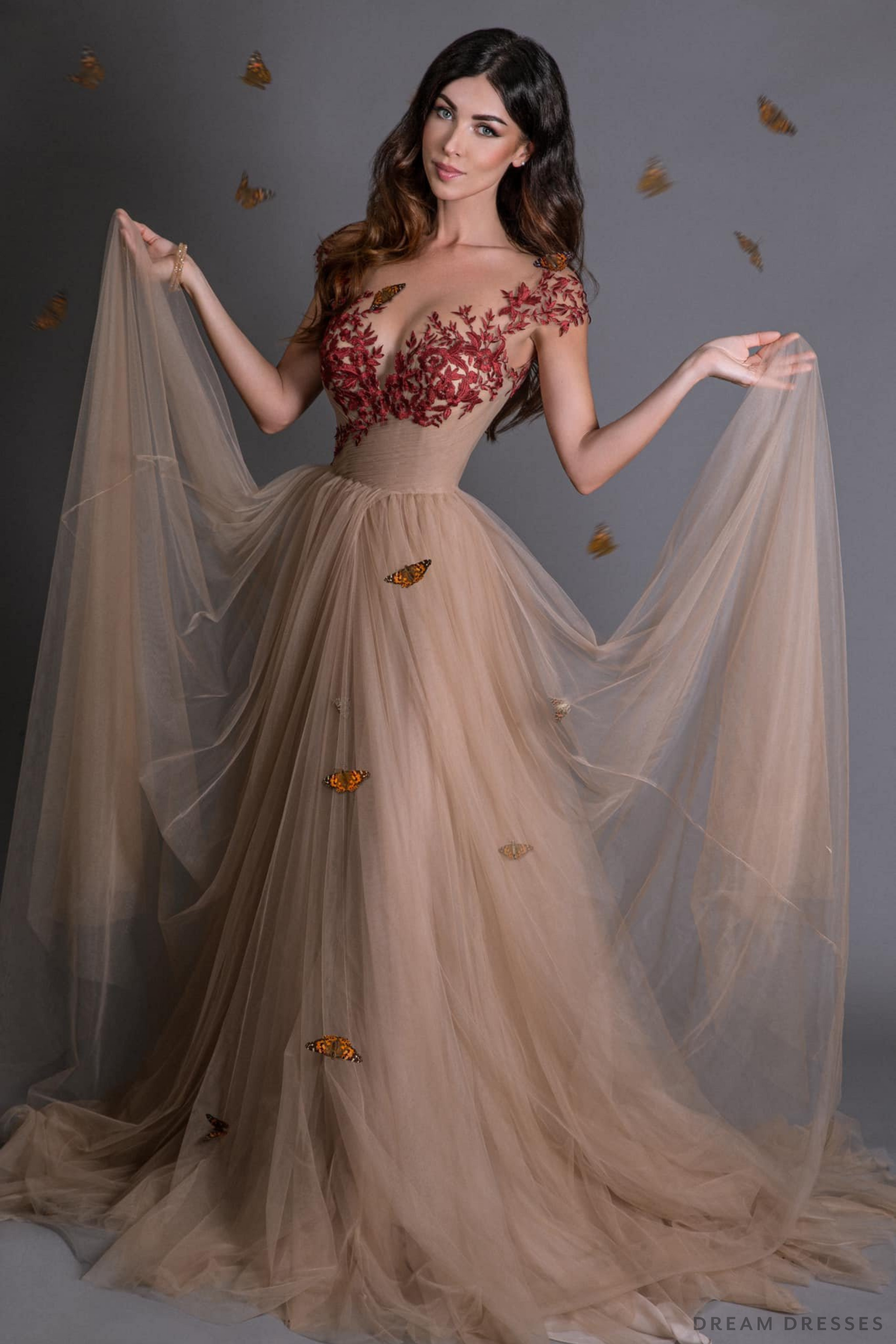 Nude Wedding Gown with Red Lace (#Aida ) - Dream Dresses by P.M.N.