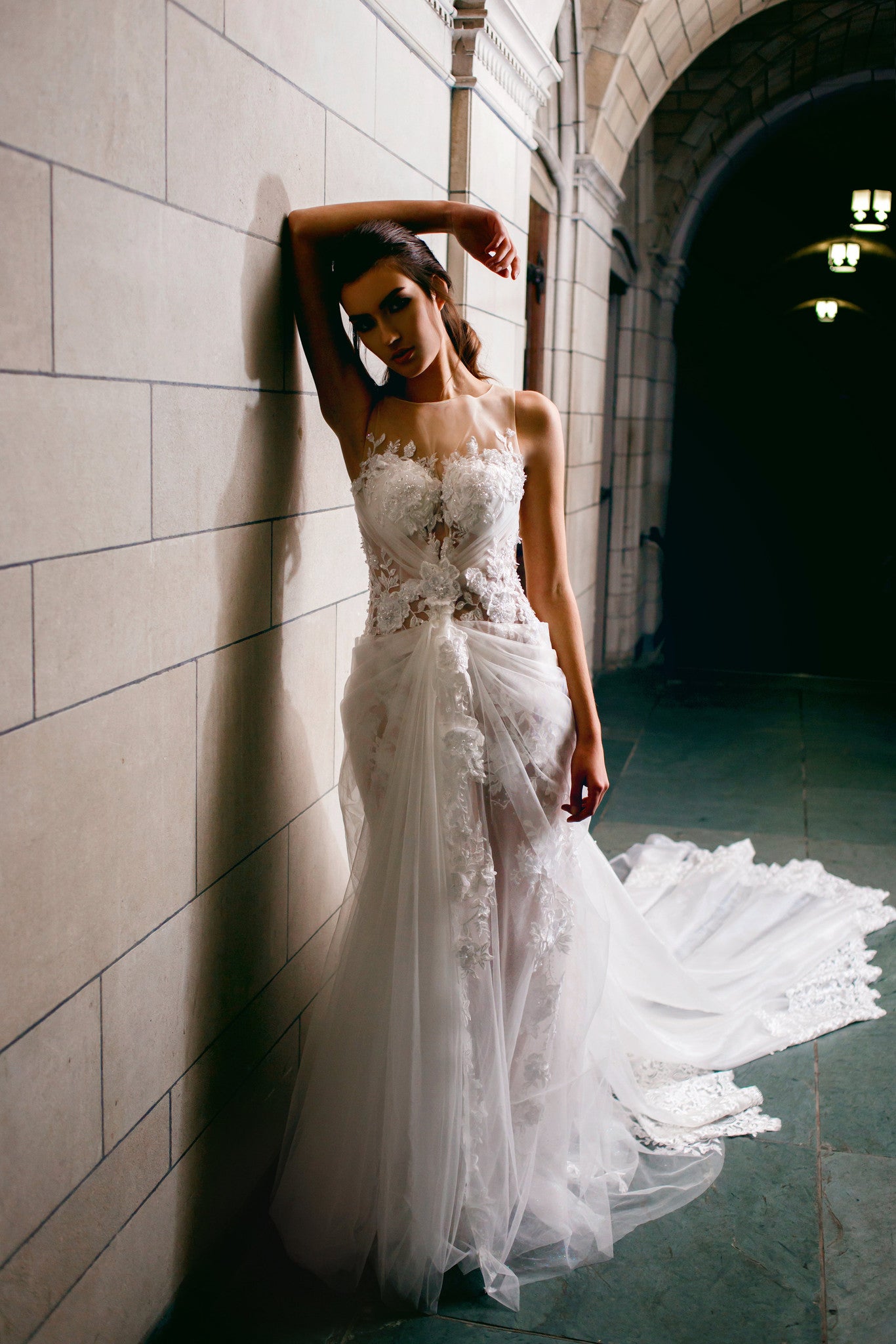 DreamDress By PMN Mabelle Couture Lace Wedding Dress Gown Illusion Sheer Mesh Back Floral Embellishment Drape Skirt Overlay Sweep | Size: Custom DreamDress By PMN Mabelle Couture Lace Wedding Dress Gown Illusion Sheer Mesh Back Floral Embellishment Drape Skirt Overlay Sweep | Size: Custom