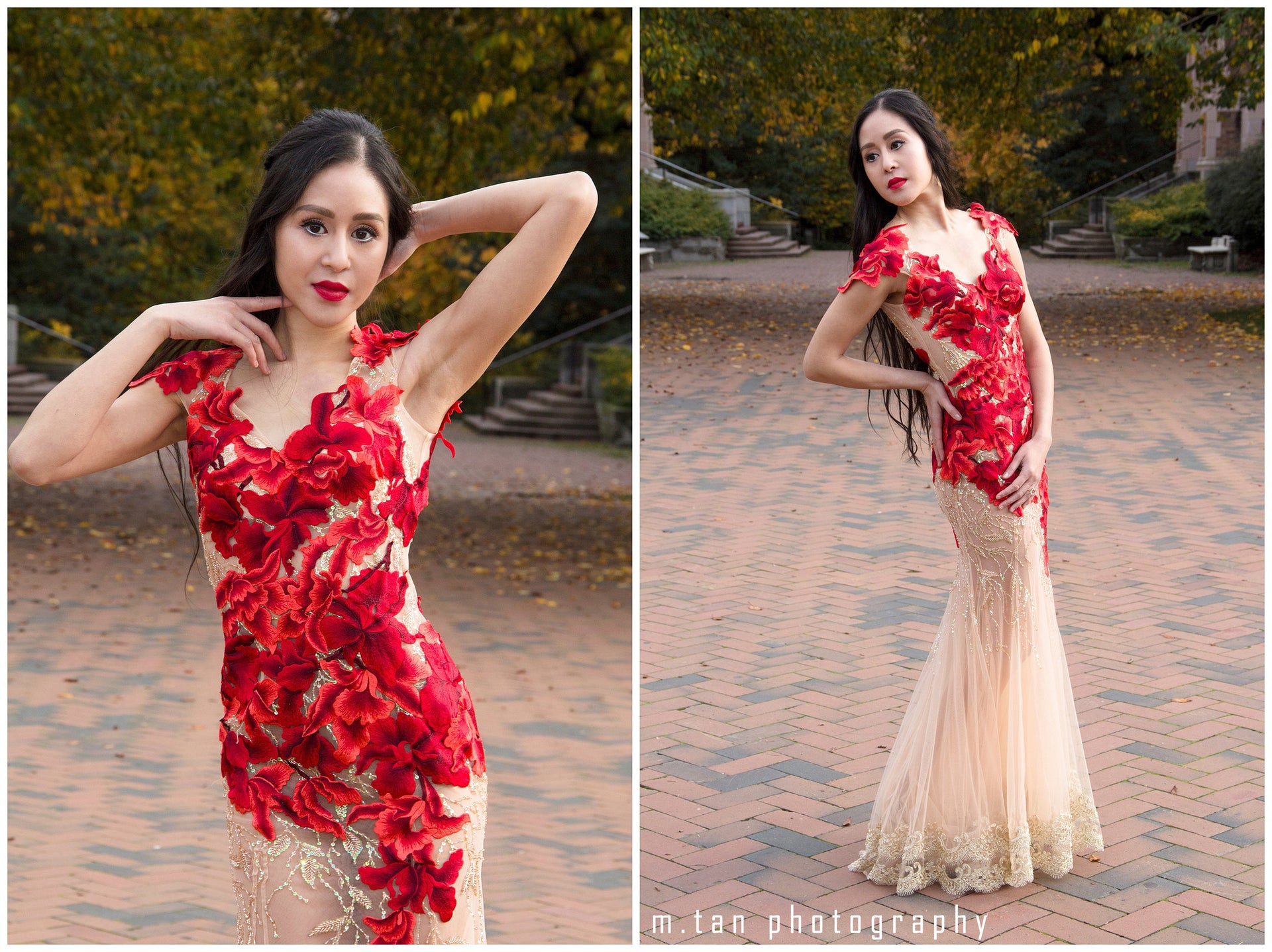 DreamDress By PMN Vivien Sheath Wedding Guest Evening Cocktail Party Dress Slit V-Neck Open Back Red Floral Embroidered Chapel Ruffle