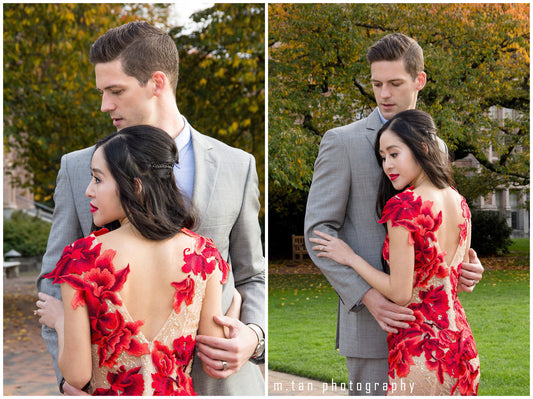 Sexy Tulle Beige Evening Gown with All Over Red Embroidery (#Vivien ) - Dream Dresses by P.M.N
 - 1