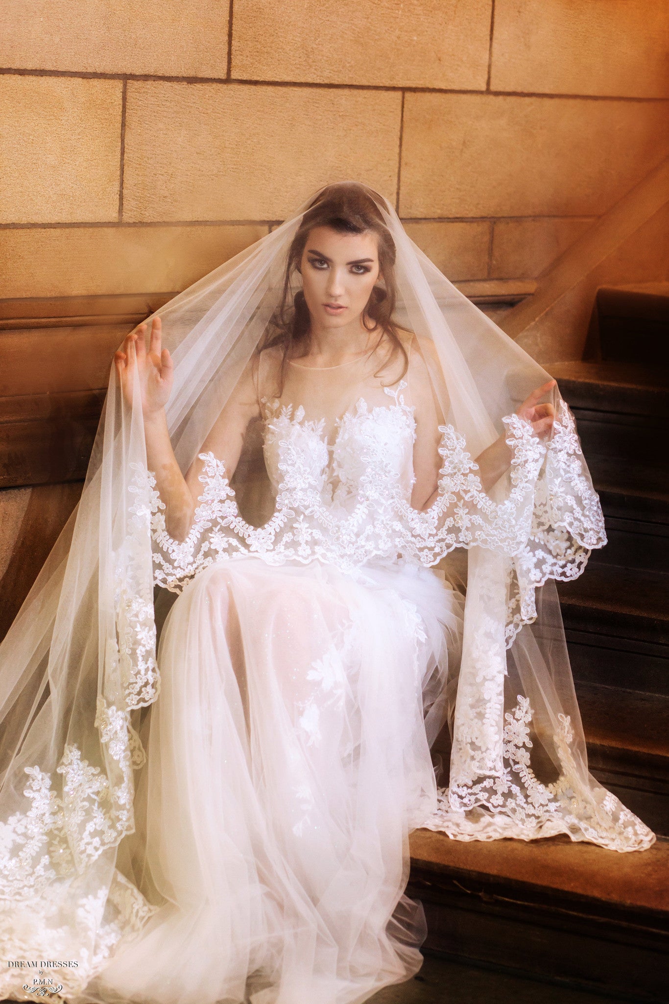 DreamDress By PMN Edina Wedding Veil Two Tiers Sequin Lace Trim Crystals Comb