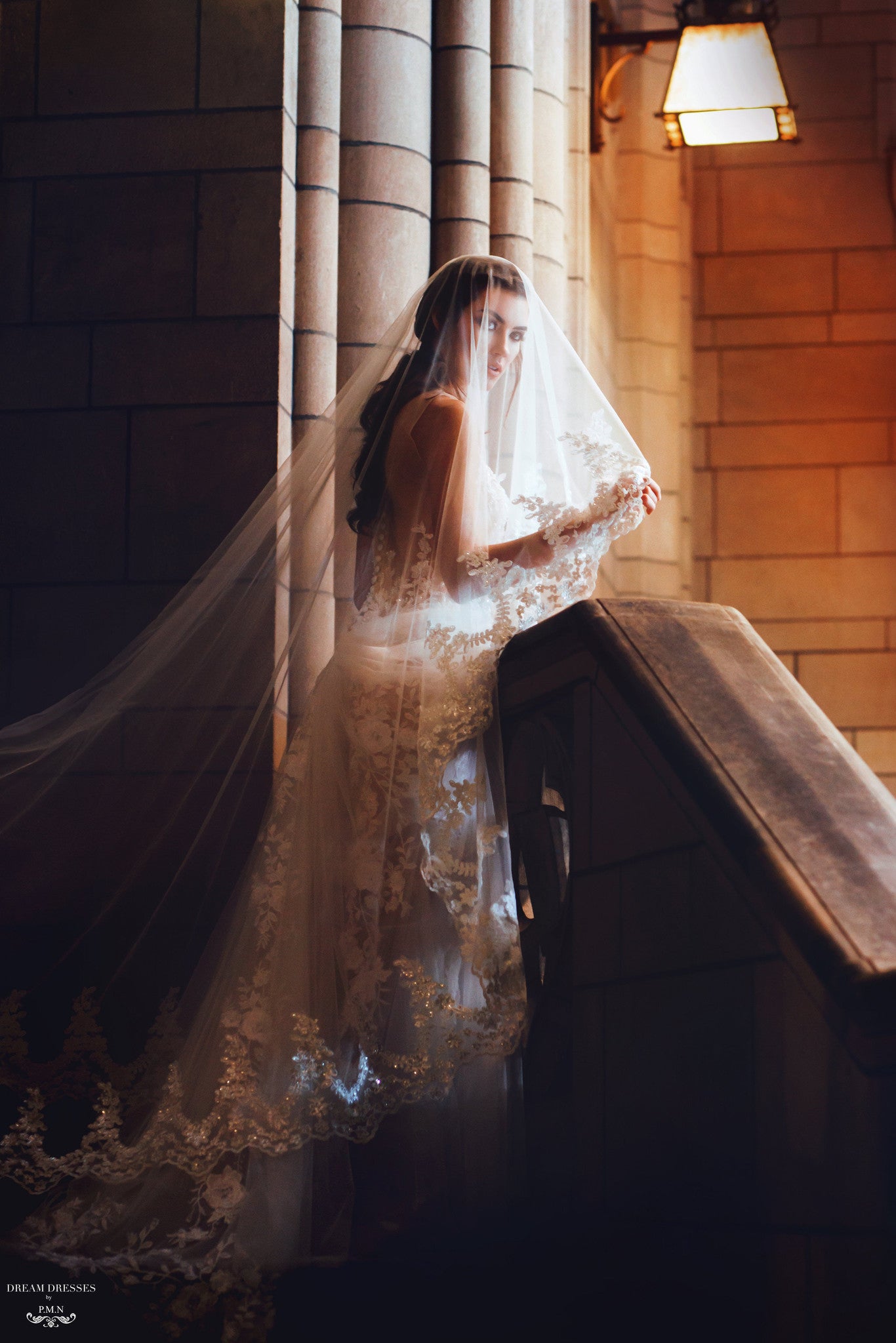 Two Tiers Sequin Lace Bridal Veil (#Edina) - Dream Dresses by P.M.N.