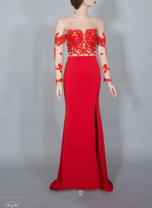 illusion Red Lace Gown (#Elaine) - Dream Dresses by P.M.N.