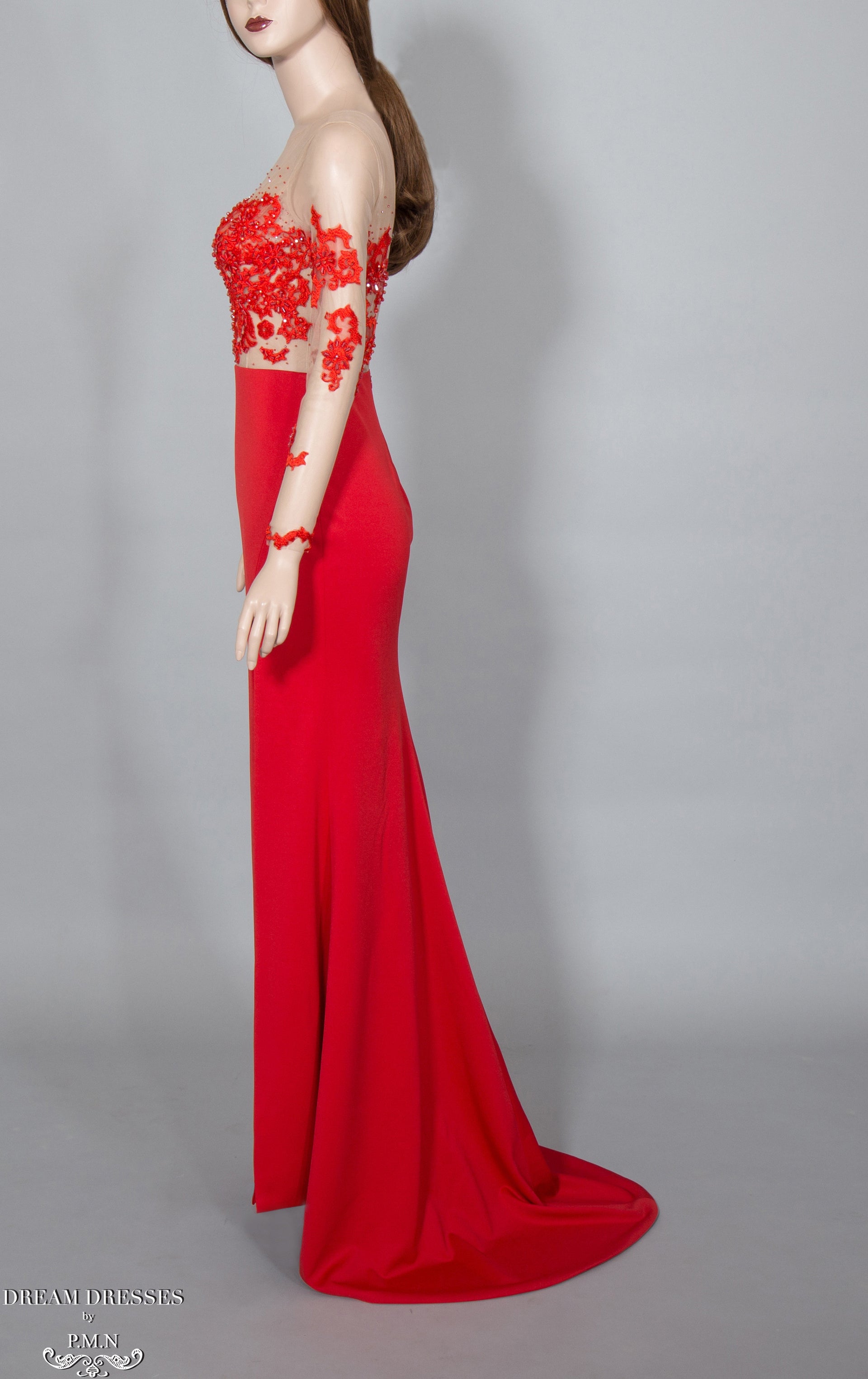 illusion Red Lace Gown (#Elaine) - Dream Dresses by P.M.N.