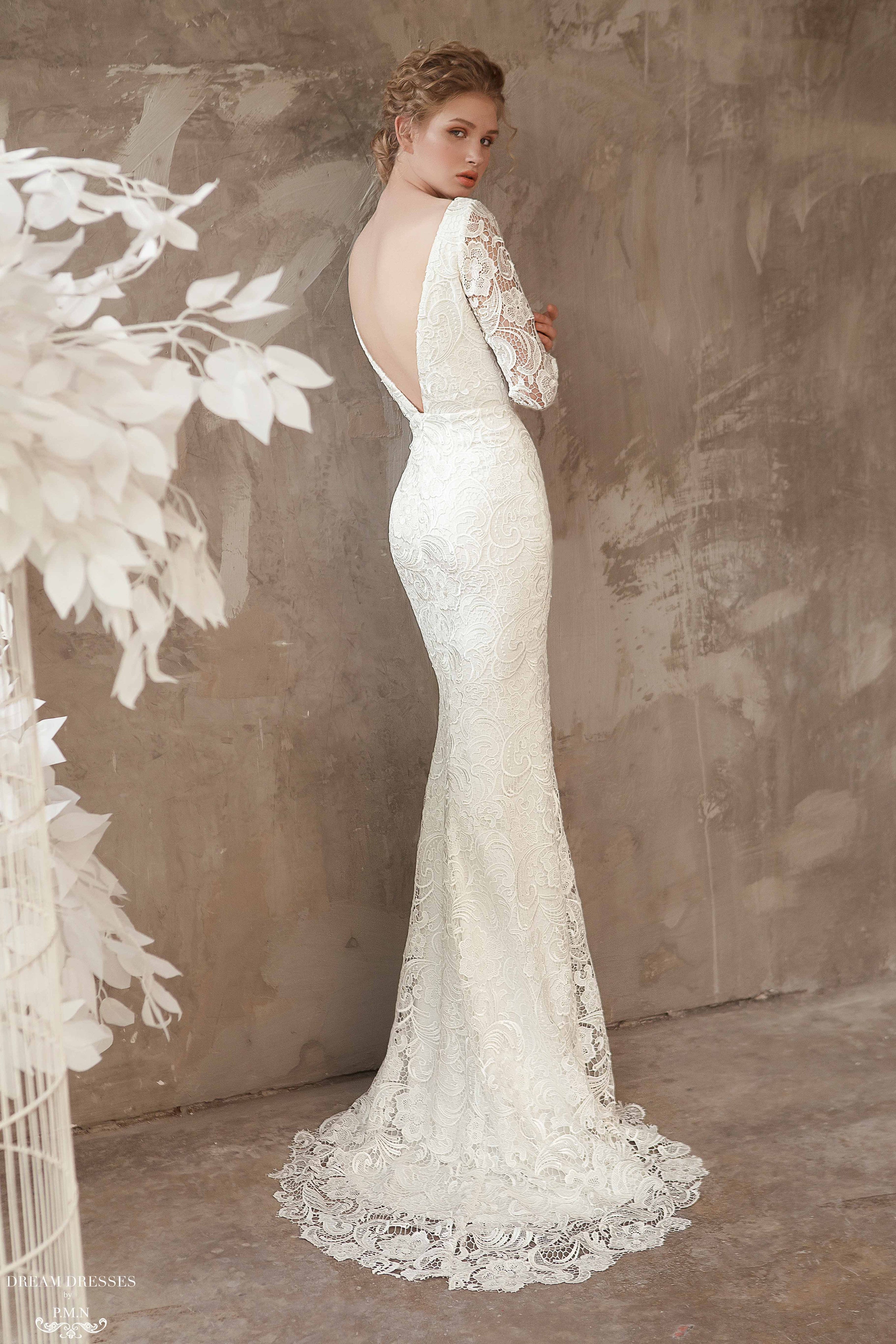 DreamDress By PMN Sheath Wedding Dress Gown Plunging V-Back Floral Embellishments Long Sleeve Chapel Train | Size: Medium DreamDress By PMN Sheath Wedding Dress Gown Plunging V-Back Floral Embellishments Long Sleeve Chapel Train | Size: Medium
