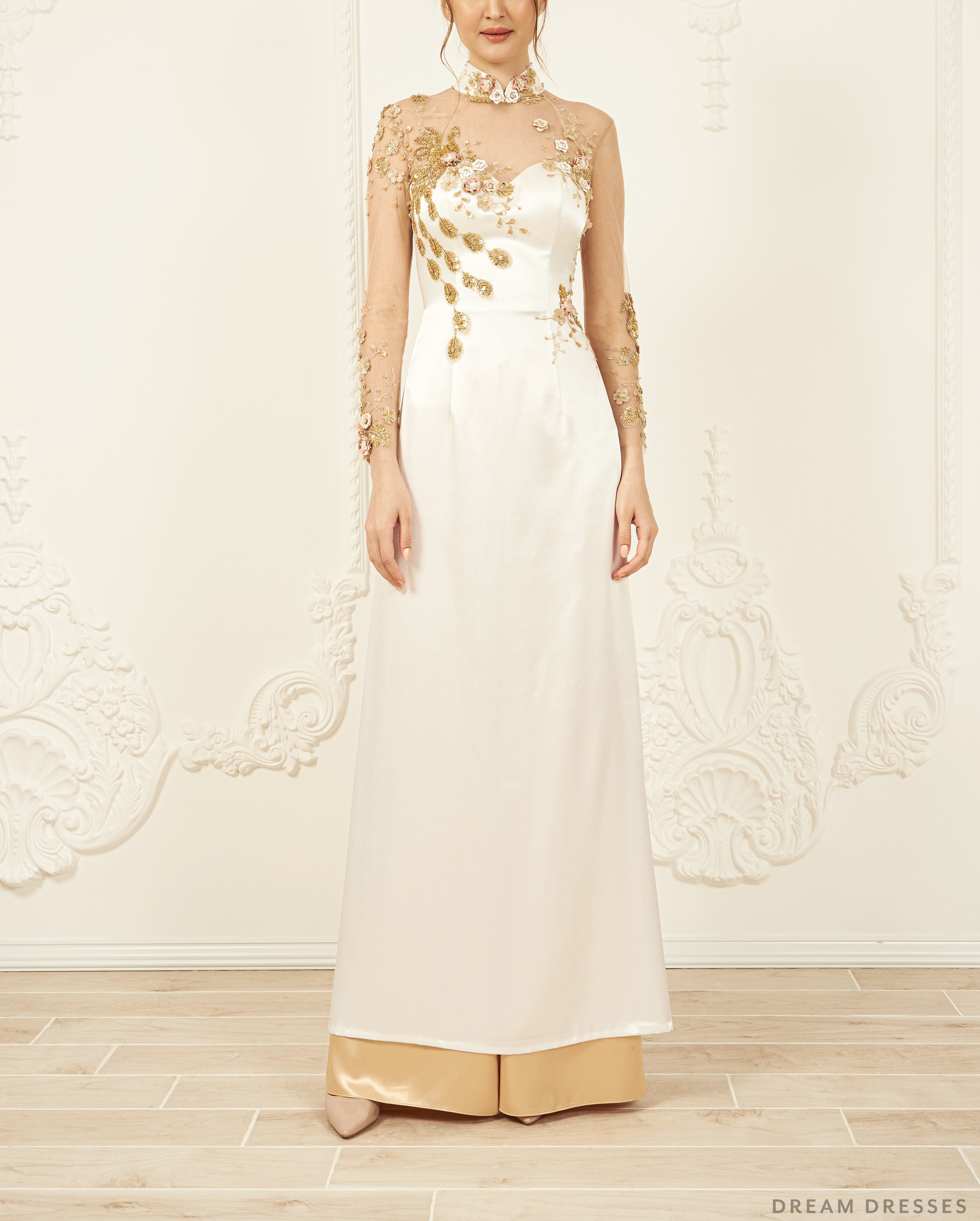 DreamDress By PMN Elvera Ao Dai Inspired Wedding Dress Gown Illusion Neckline Back Gold Satin Pants Long Sleeves | Size: Custom DreamDress By PMN Elvera Ao Dai Inspired Wedding Dress Gown Illusion Neckline Back Gold Satin Pants Long Sleeves | Size: Custom