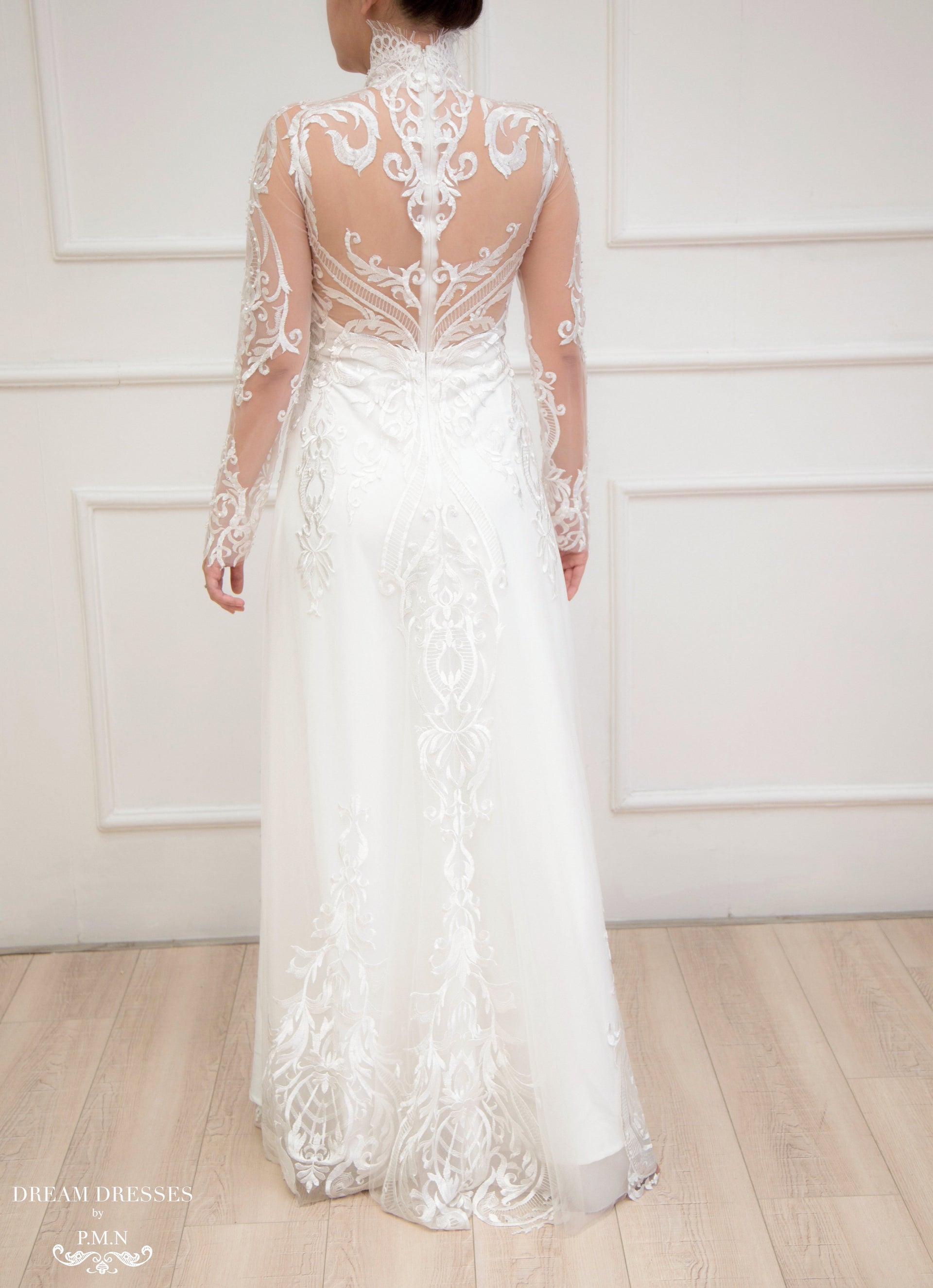 White Bridal Ao Dai | Modern Vietnamese Lace Bridal Dress (#YVONNE) - Dream Dresses by P.M.N.