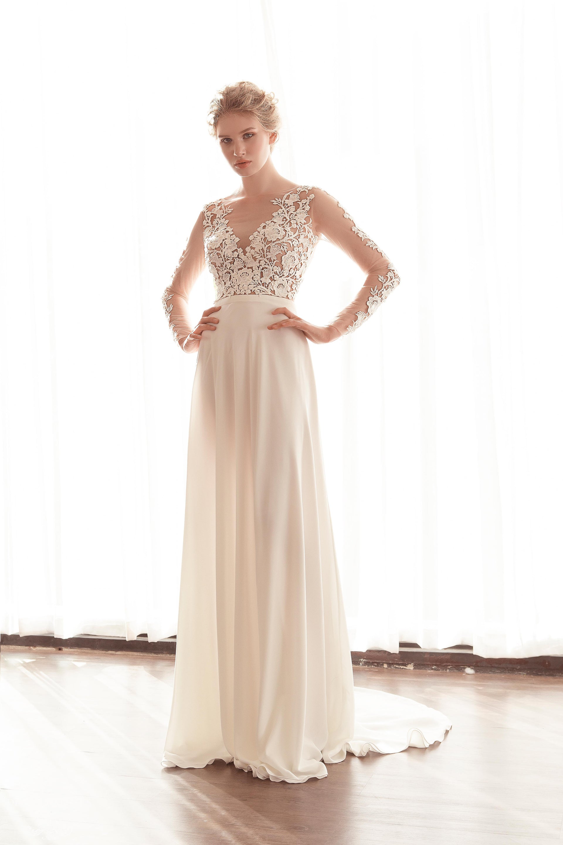 DreamDress By PMN A-Line Wedding Dress Gown Illusion Neckline Back Floral Embellishment Top Long Sleeves Chapel Train
