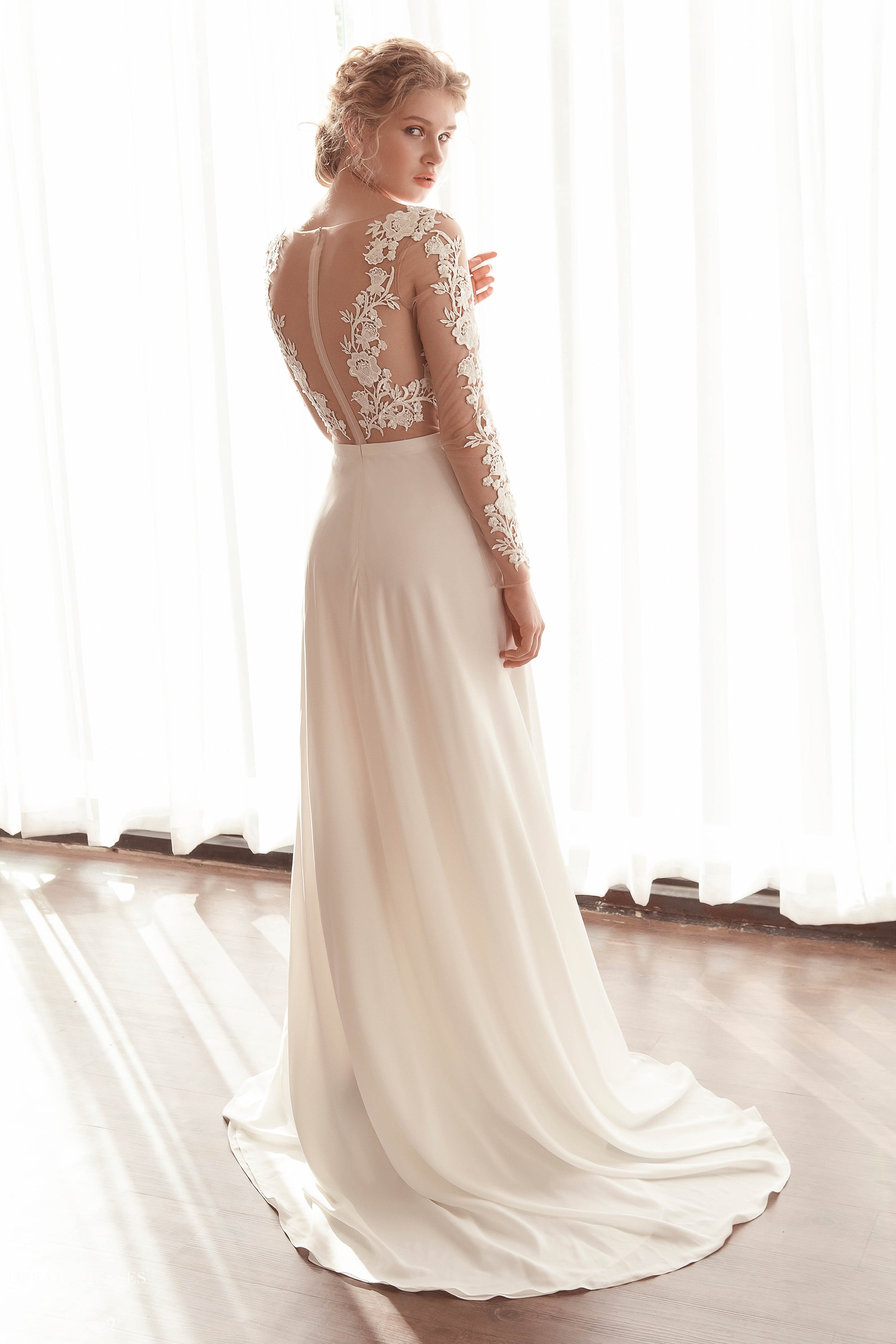 Illusion Long Sleeve Chiffon Wedding Gown (#Faline)