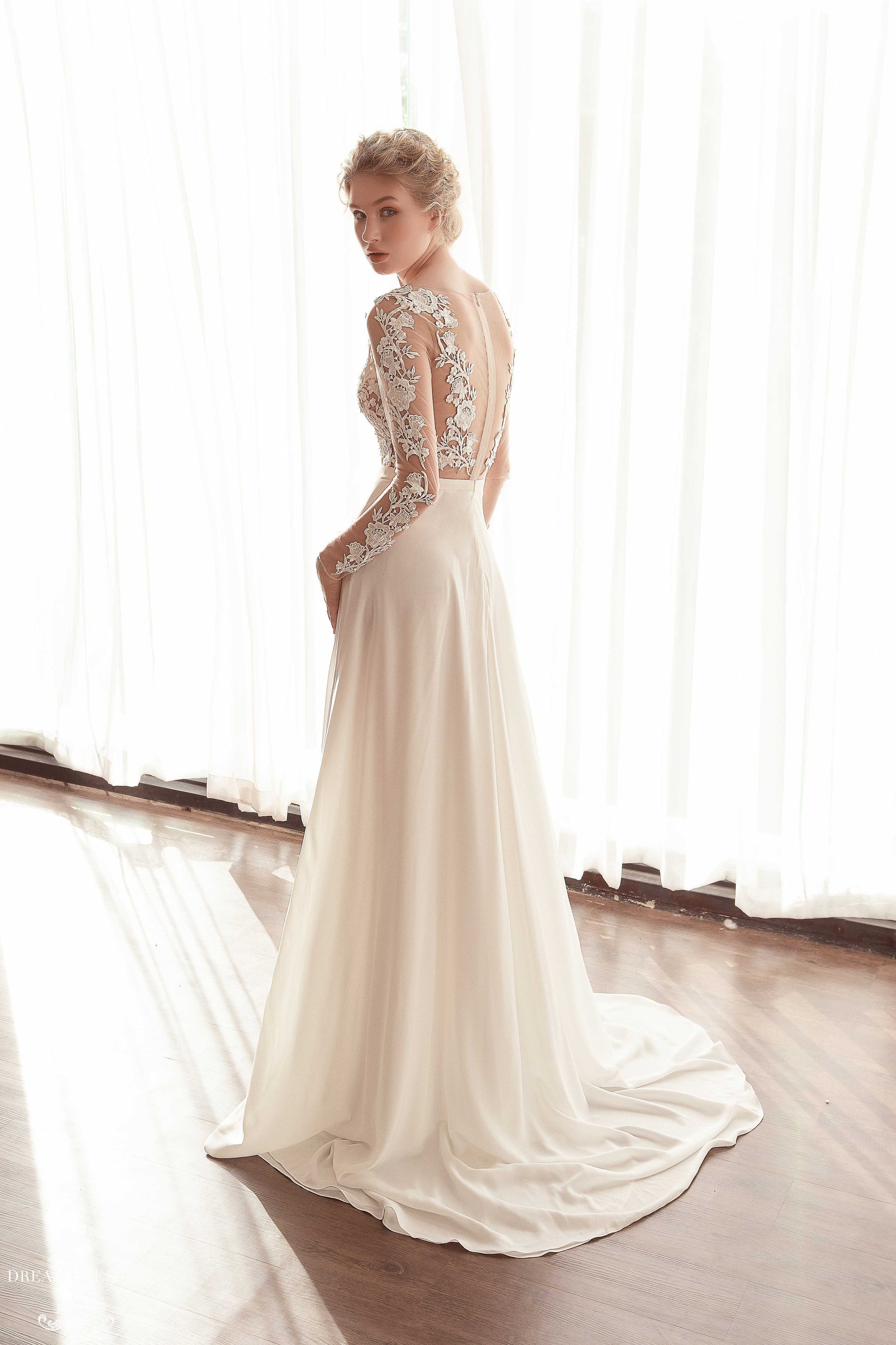 Illusion Long Sleeve Chiffon Wedding Gown (#Faline) - Dream Dresses by P.M.N.