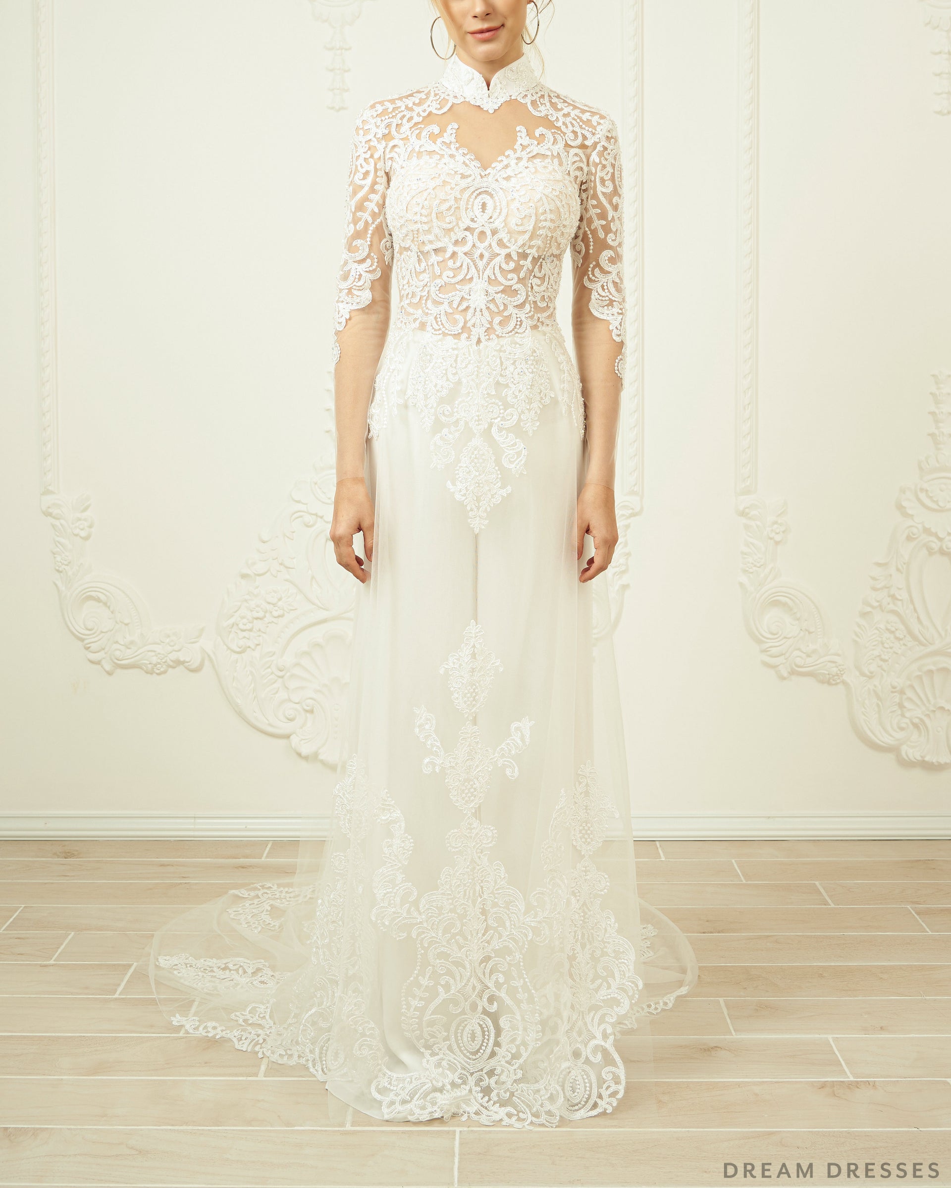 White Bridal Ao Dai | Modern Vietnamese Lace Bridal Dress (#FREYA) - Dream Dresses by P.M.N.